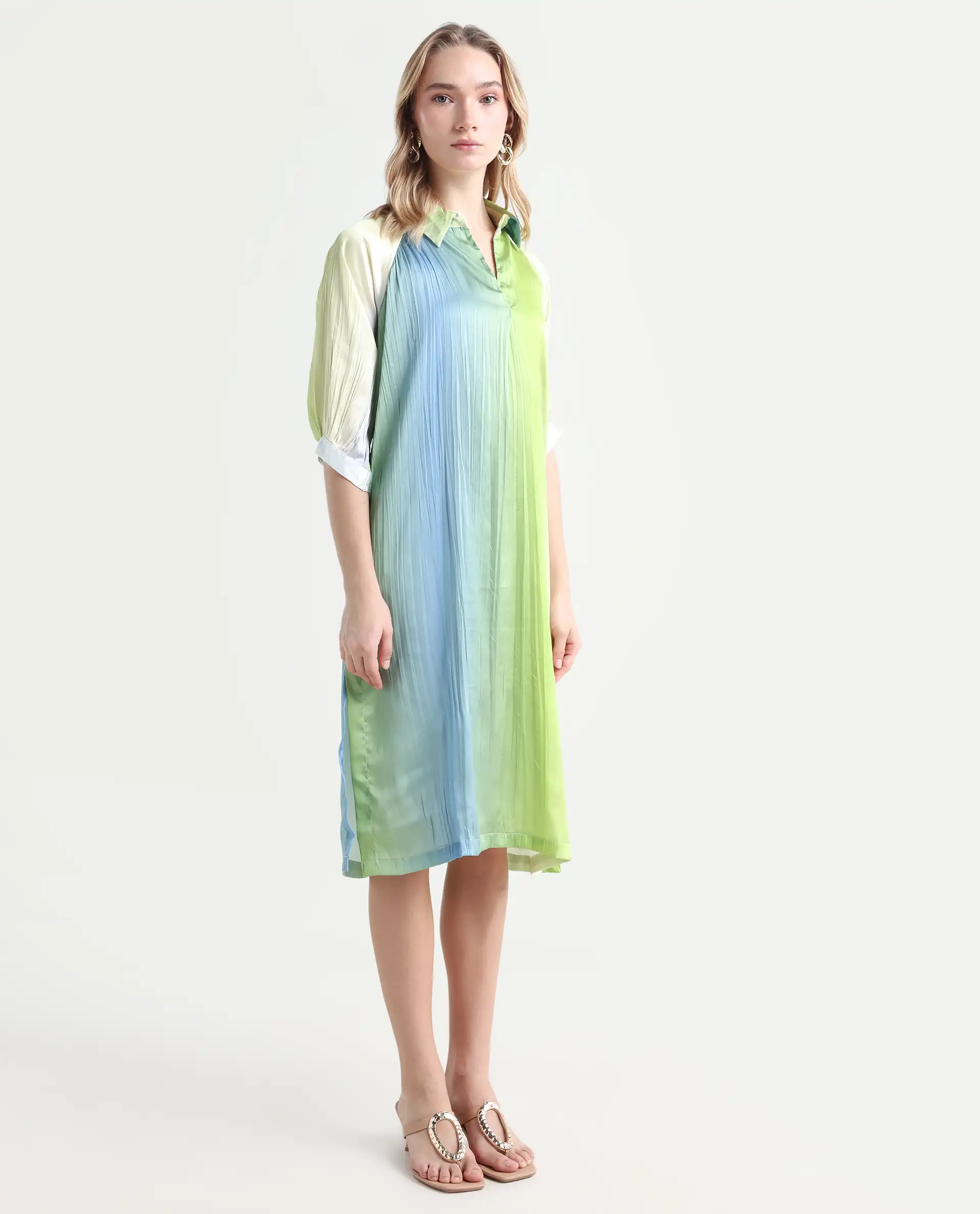 Rareism Women's Boris Multi Polyester Drop Collar Ombre Raglan Sleeve Midi A-Line Dress - Image 5
