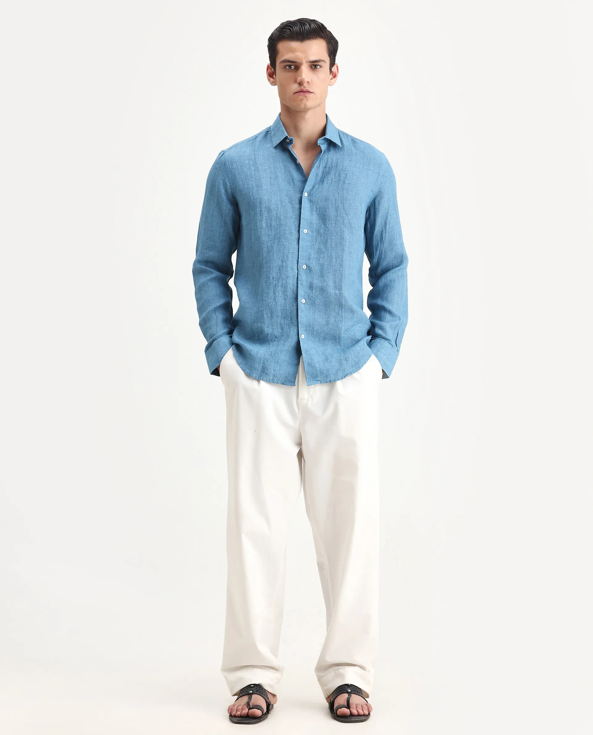 Rare Rabbit Men's Borium-2 Dusky Blue 100% Linen Plain Regular Fit Full Sleeve Collared Shirt - Image 2