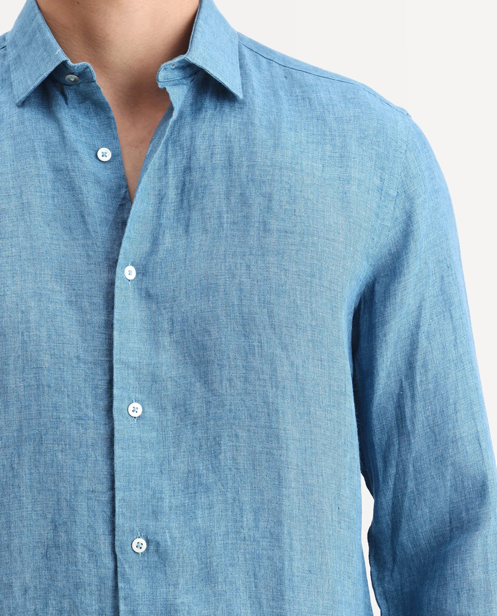 Rare Rabbit Men's Borium-2 Dusky Blue 100% Linen Plain Regular Fit Full Sleeve Collared Shirt - Image 3