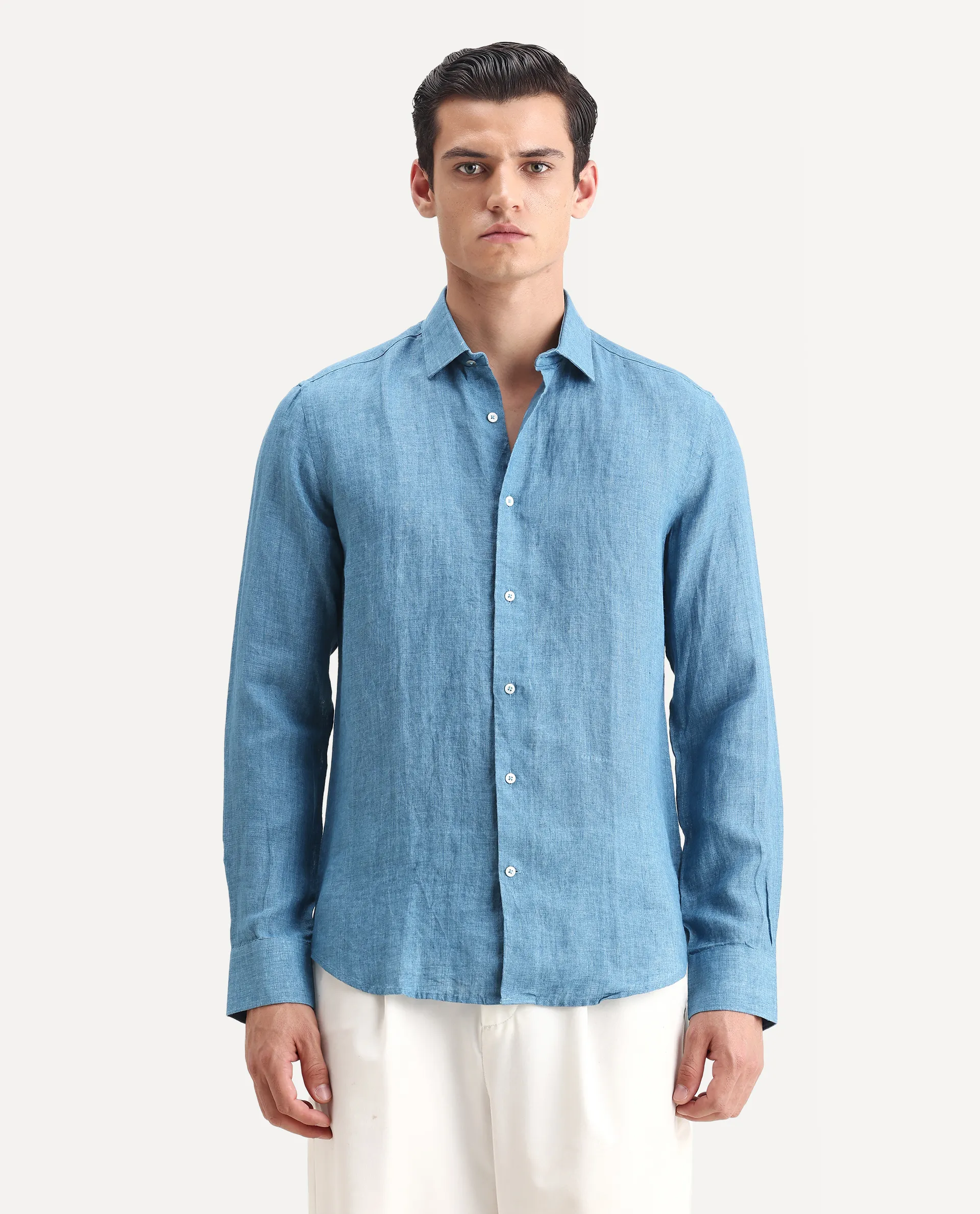 Rare Rabbit Men's Borium-2 Dusky Blue 100% Linen Plain Regular Fit Full Sleeve Collared Shirt - Image 4