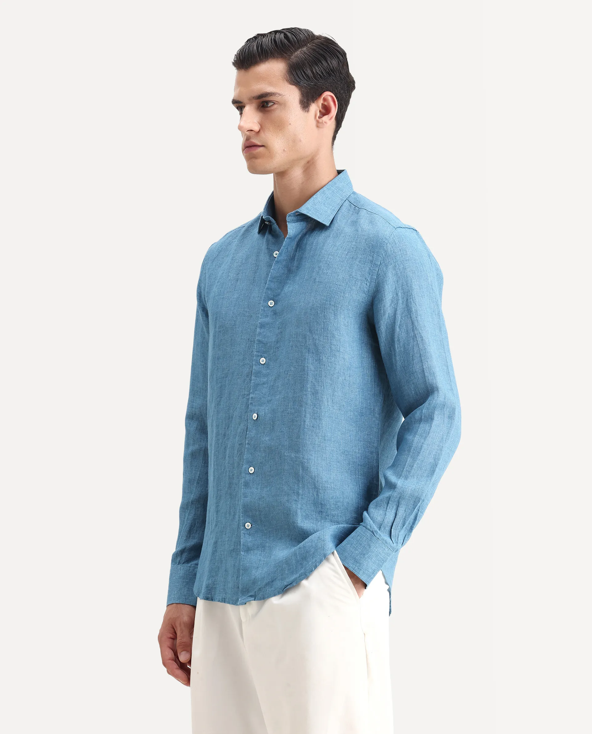 Rare Rabbit Men's Borium-2 Dusky Blue 100% Linen Plain Regular Fit Full Sleeve Collared Shirt - Image 5