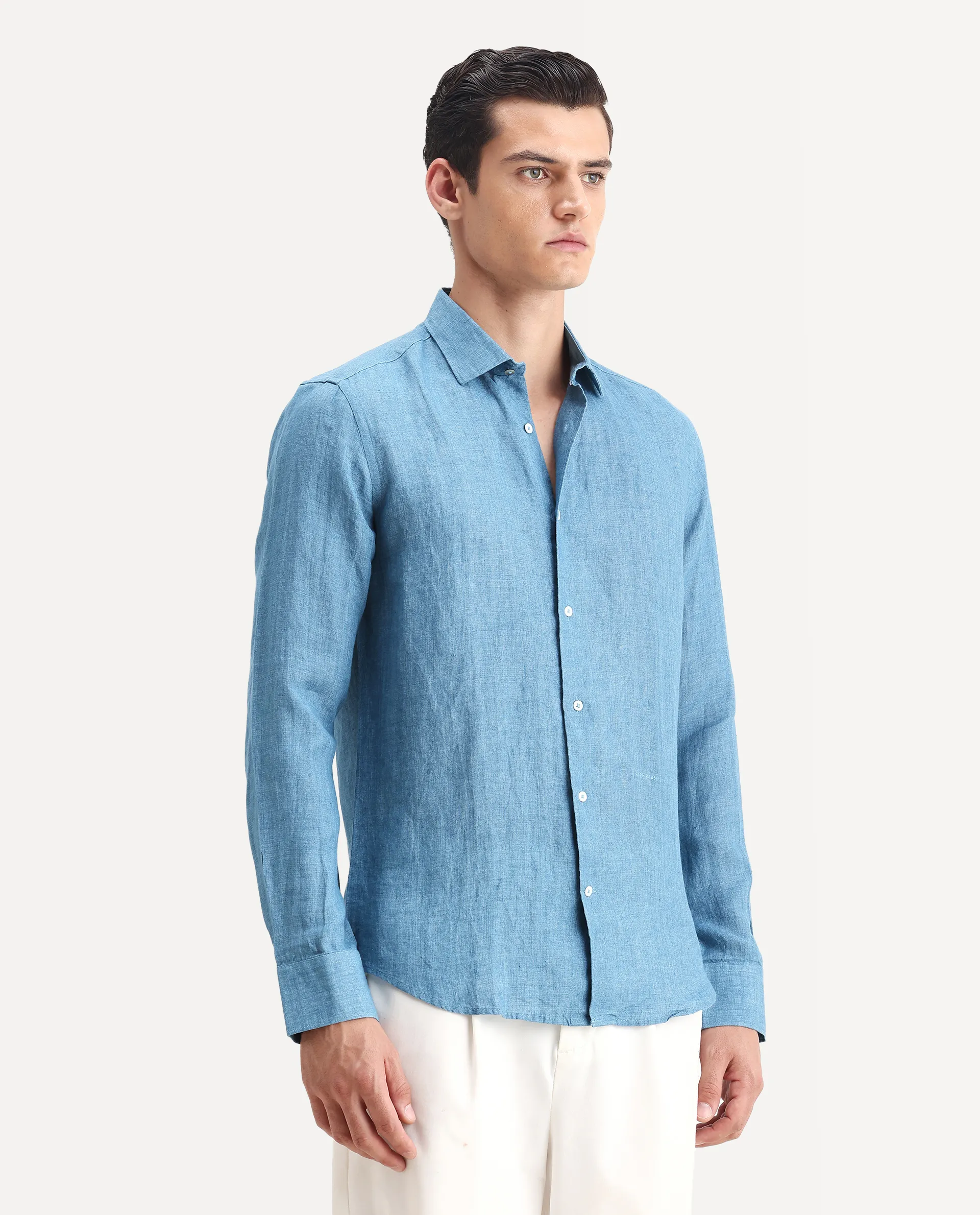 Rare Rabbit Men's Borium-2 Dusky Blue 100% Linen Plain Regular Fit Full Sleeve Collared Shirt - Image 6