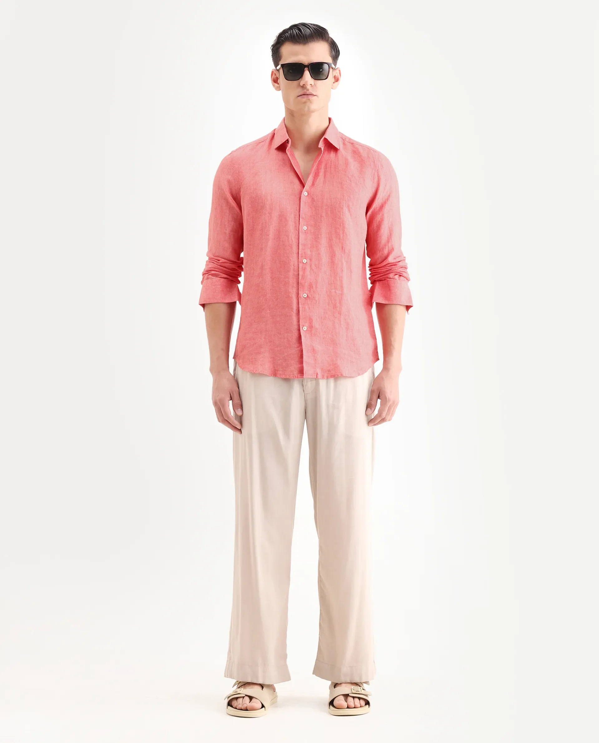 Rare Rabbit Men's Borium-2 Flouroscent Pink 100% Linen Plain Regular Fit Full Sleeve Collared Shirt - Image 2