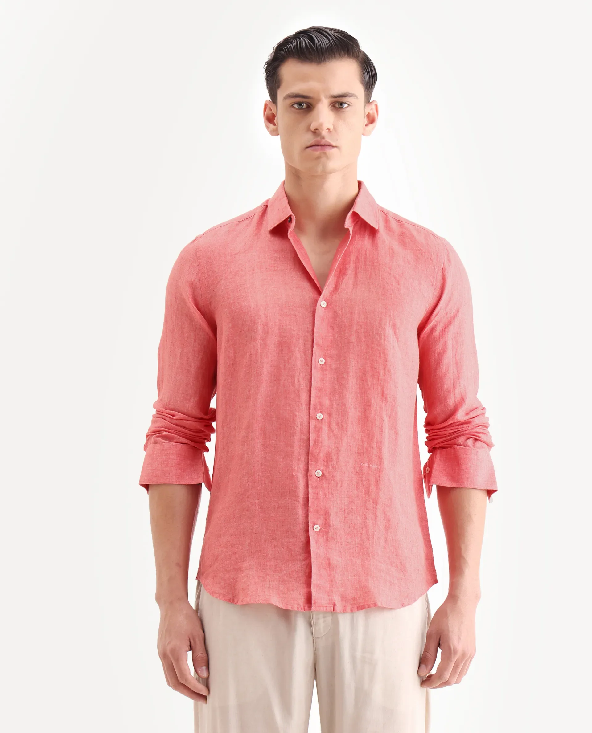 Rare Rabbit Men's Borium-2 Flouroscent Pink 100% Linen Plain Regular Fit Full Sleeve Collared Shirt - Image 4