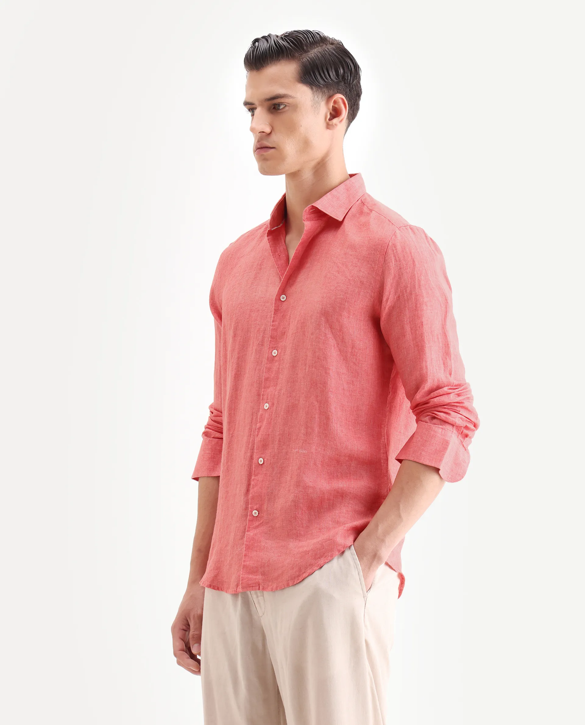 Rare Rabbit Men's Borium-2 Flouroscent Pink 100% Linen Plain Regular Fit Full Sleeve Collared Shirt - Image 5