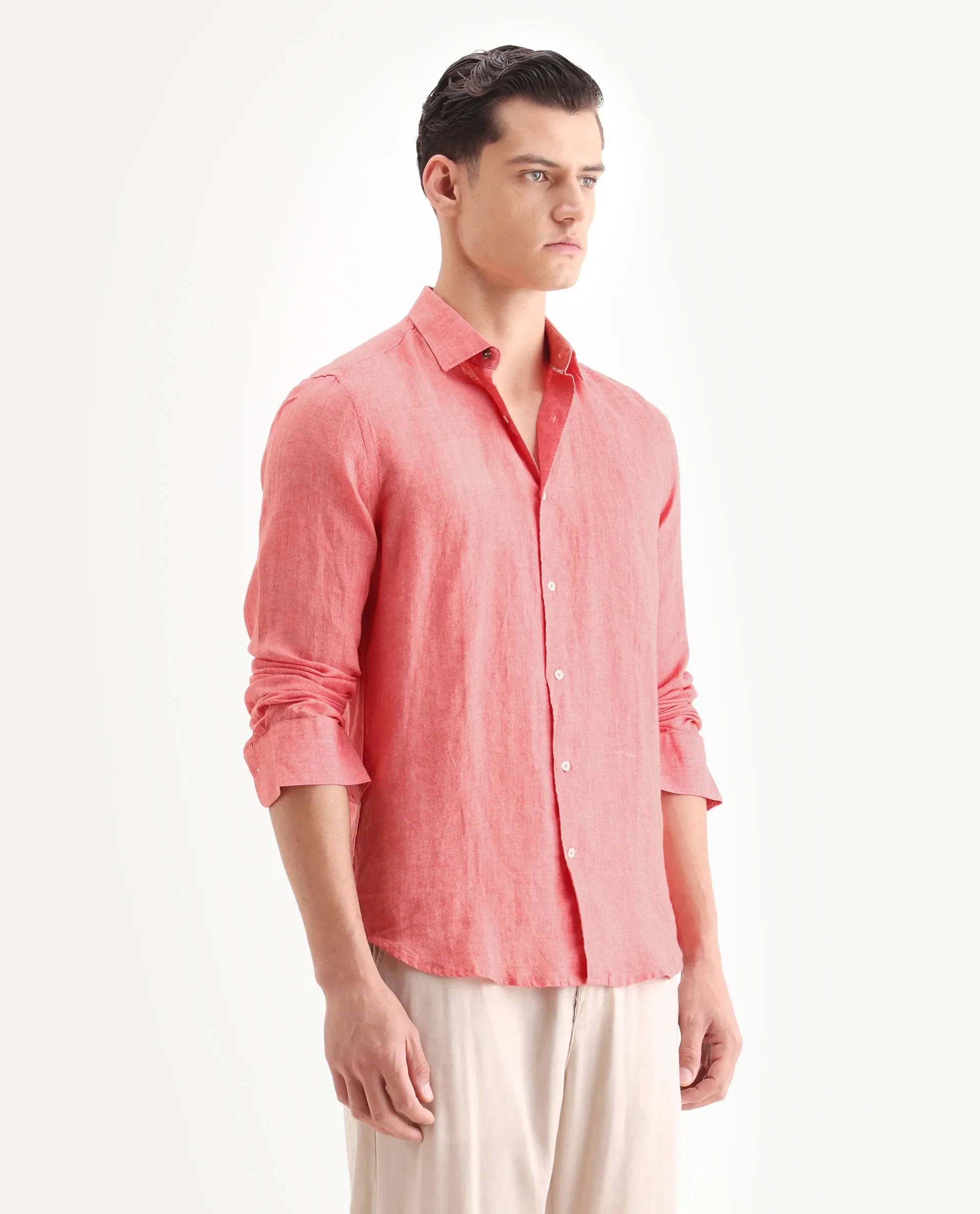 Rare Rabbit Men's Borium-2 Flouroscent Pink 100% Linen Plain Regular Fit Full Sleeve Collared Shirt - Image 6