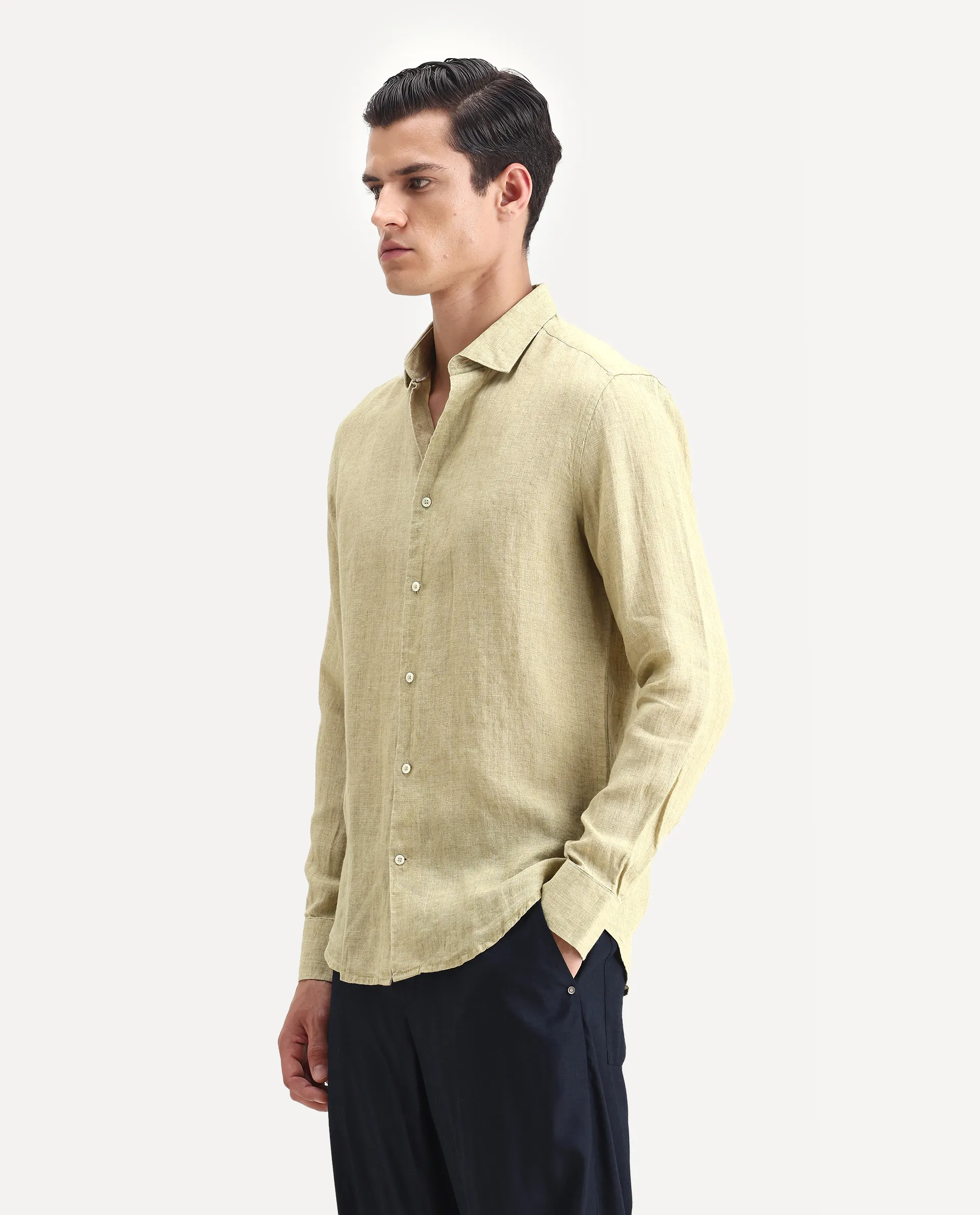 Rare Rabbit Men's Borium-2 Pastel Green 100% Linen Plain Regular Fit Full Sleeve Collared Shirt - Image 4