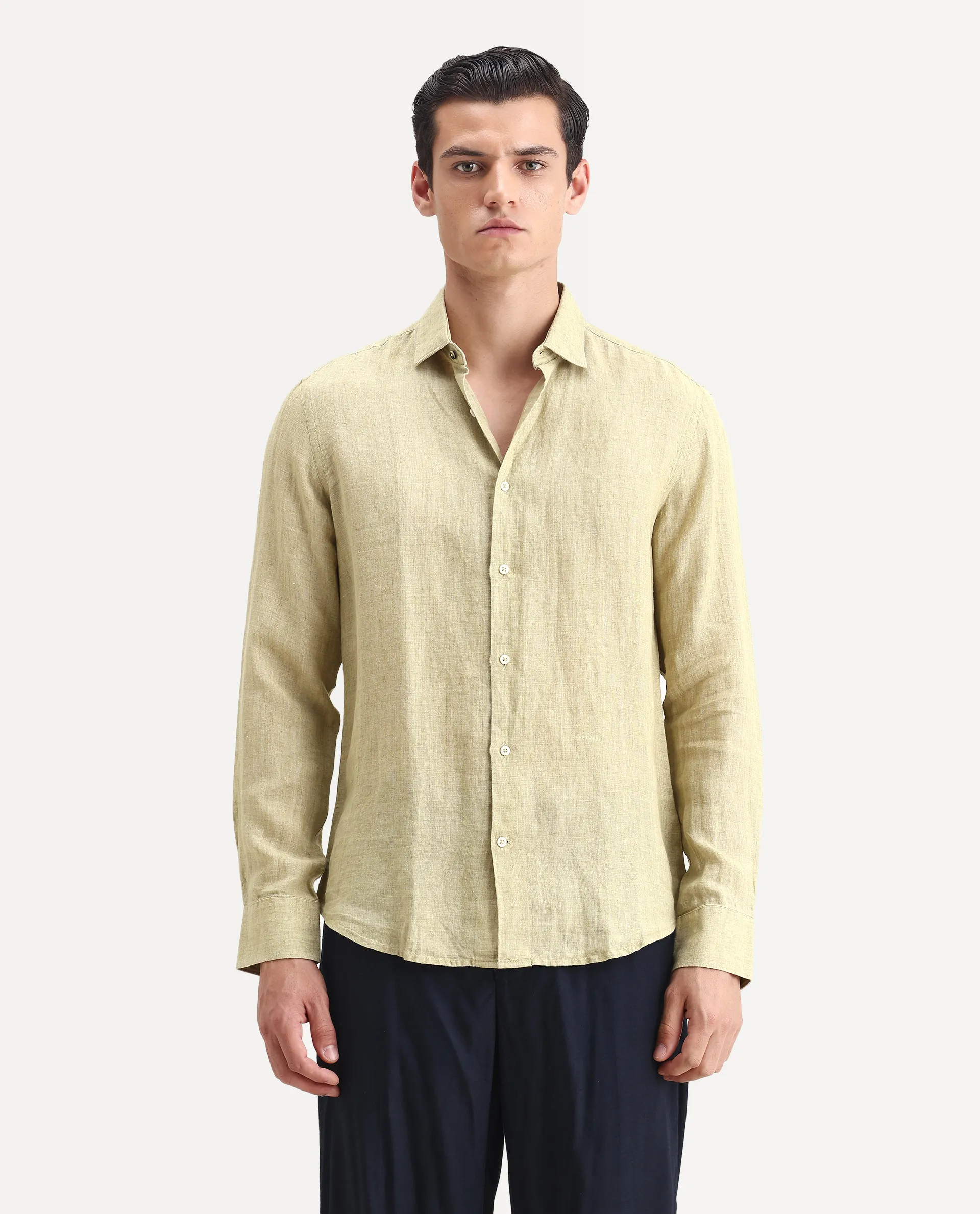 Rare Rabbit Men's Borium-2 Pastel Green 100% Linen Plain Regular Fit Full Sleeve Collared Shirt - Image 6
