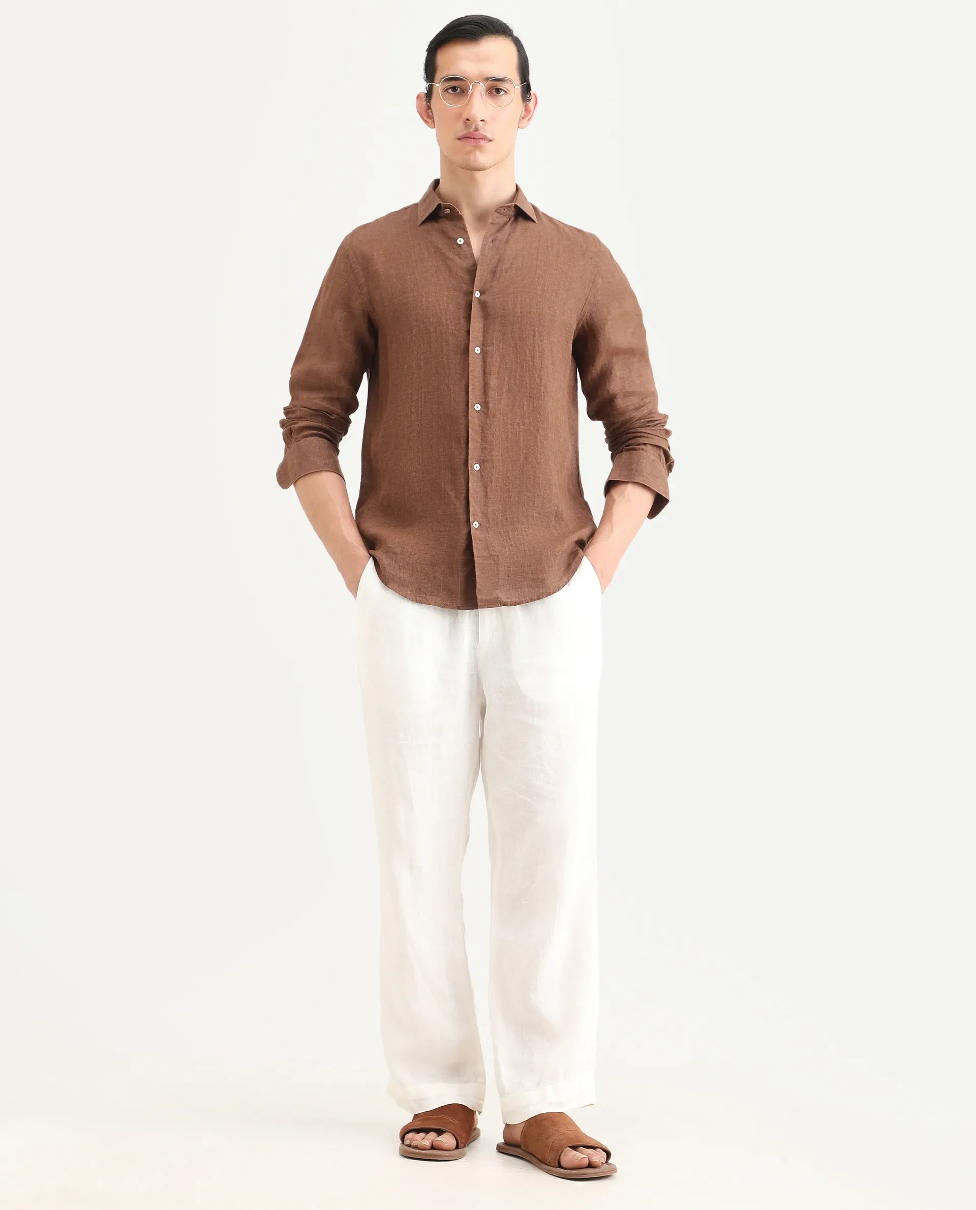 Rare Rabbit Men's Borium-25 Brown 100% Linen Fabric Spread Collar Regular Fit Plain Shirt - Image 2
