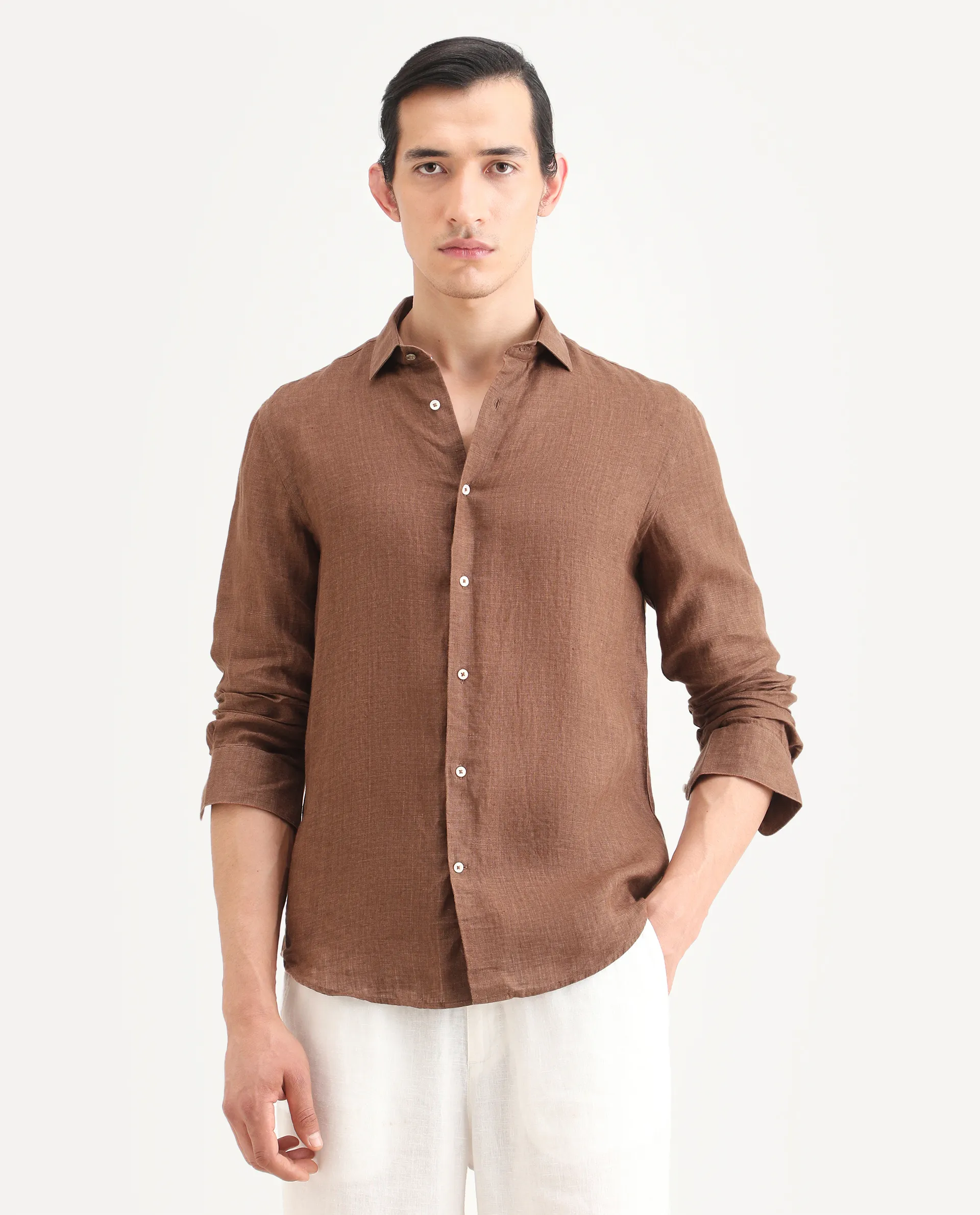 Rare Rabbit Men's Borium-25 Brown 100% Linen Fabric Spread Collar Regular Fit Plain Shirt - Image 3
