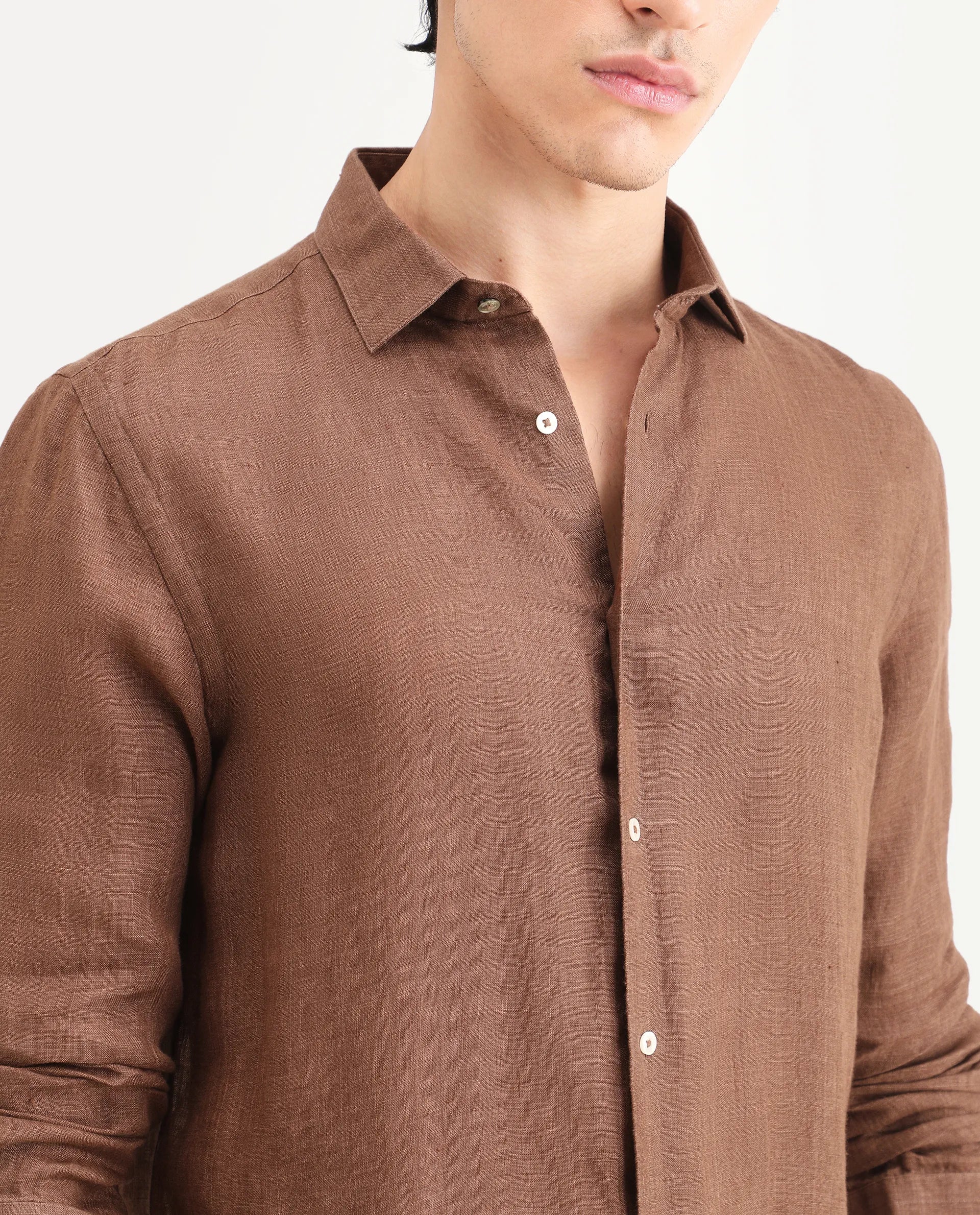 Rare Rabbit Men's Borium-25 Brown 100% Linen Fabric Spread Collar Regular Fit Plain Shirt - Image 4