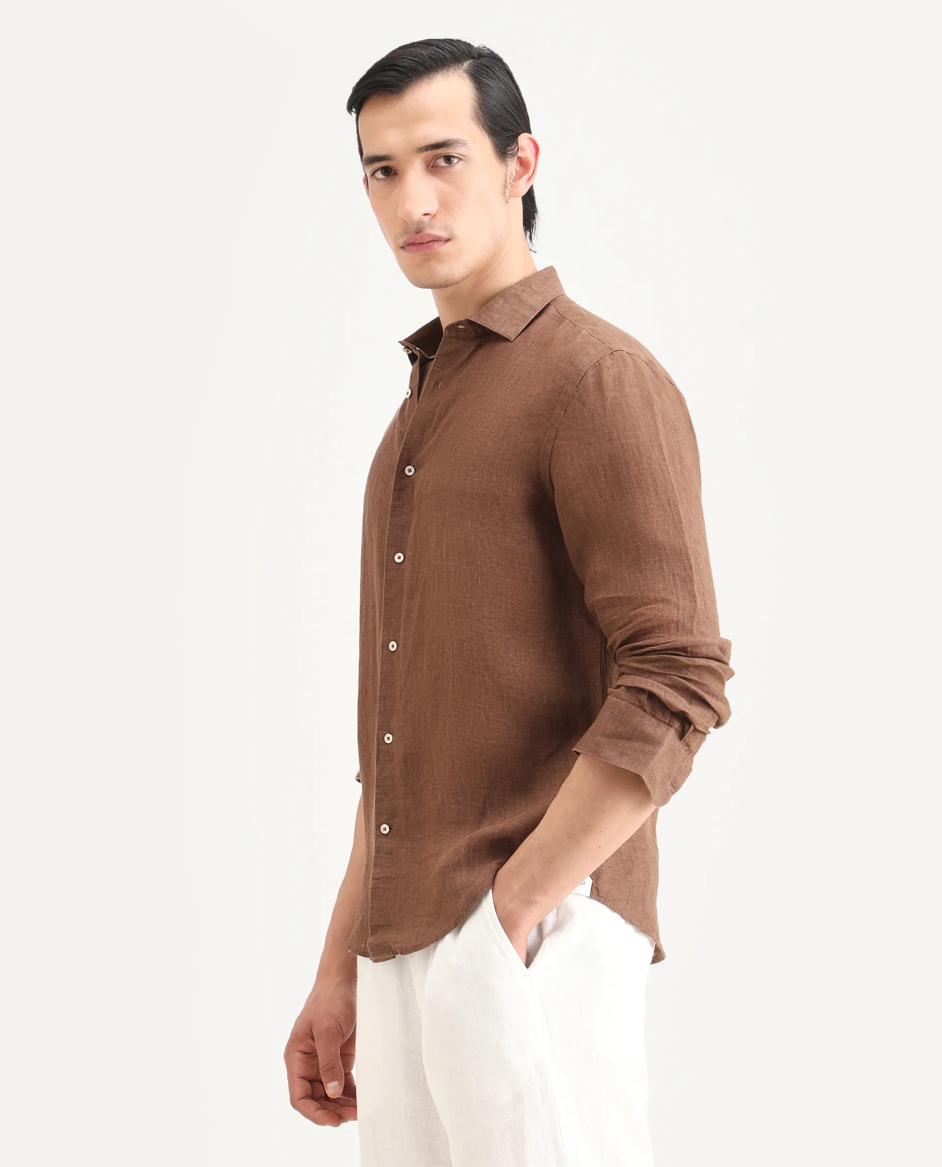 Rare Rabbit Men's Borium-25 Brown 100% Linen Fabric Spread Collar Regular Fit Plain Shirt - Image 5
