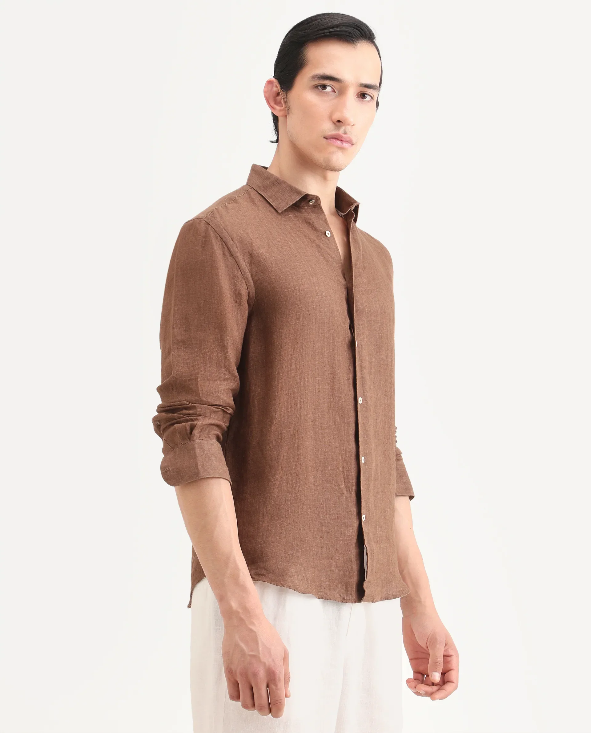 Rare Rabbit Men's Borium-25 Brown 100% Linen Fabric Spread Collar Regular Fit Plain Shirt - Image 6