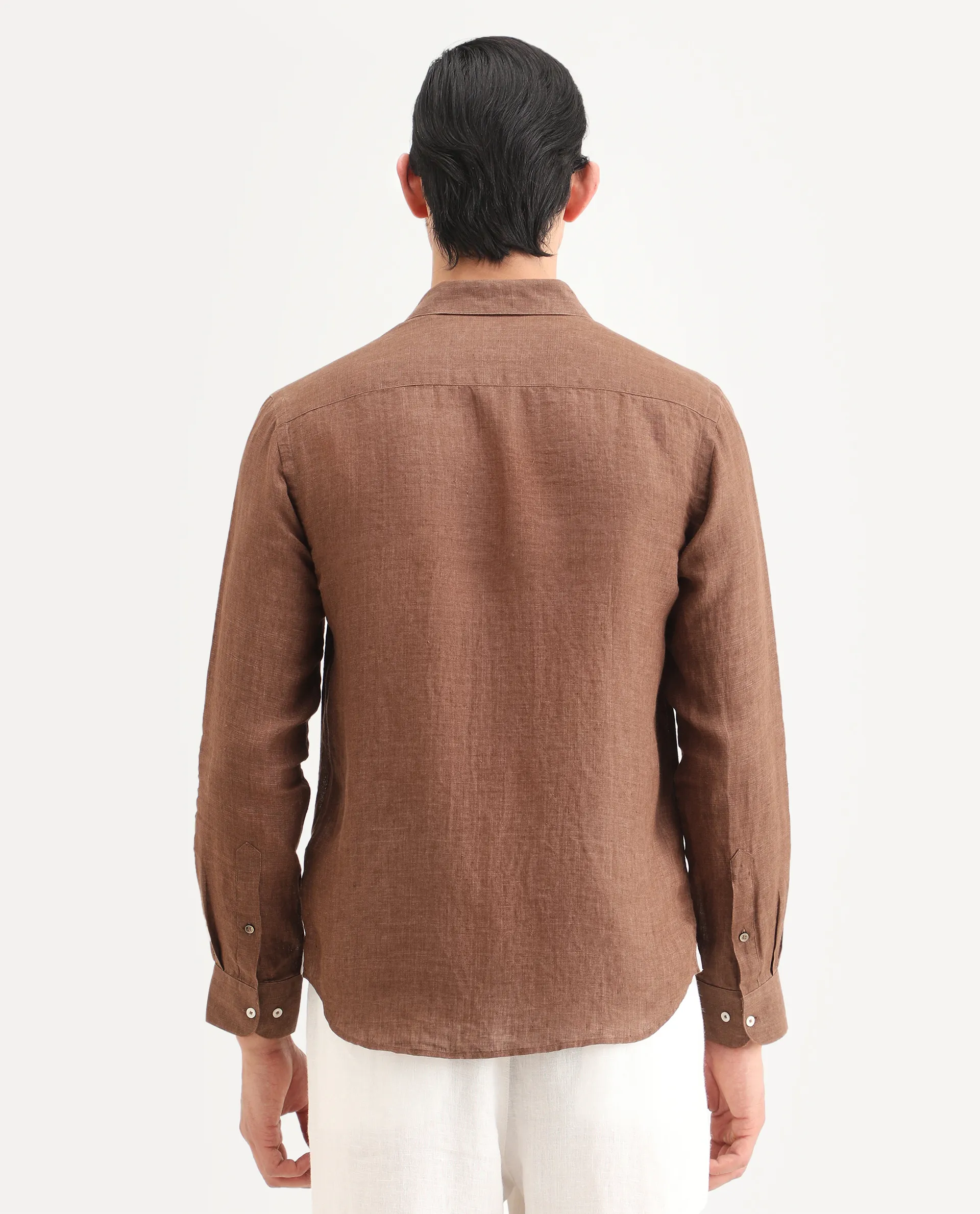 Rare Rabbit Men's Borium-25 Brown 100% Linen Fabric Spread Collar Regular Fit Plain Shirt - Image 7
