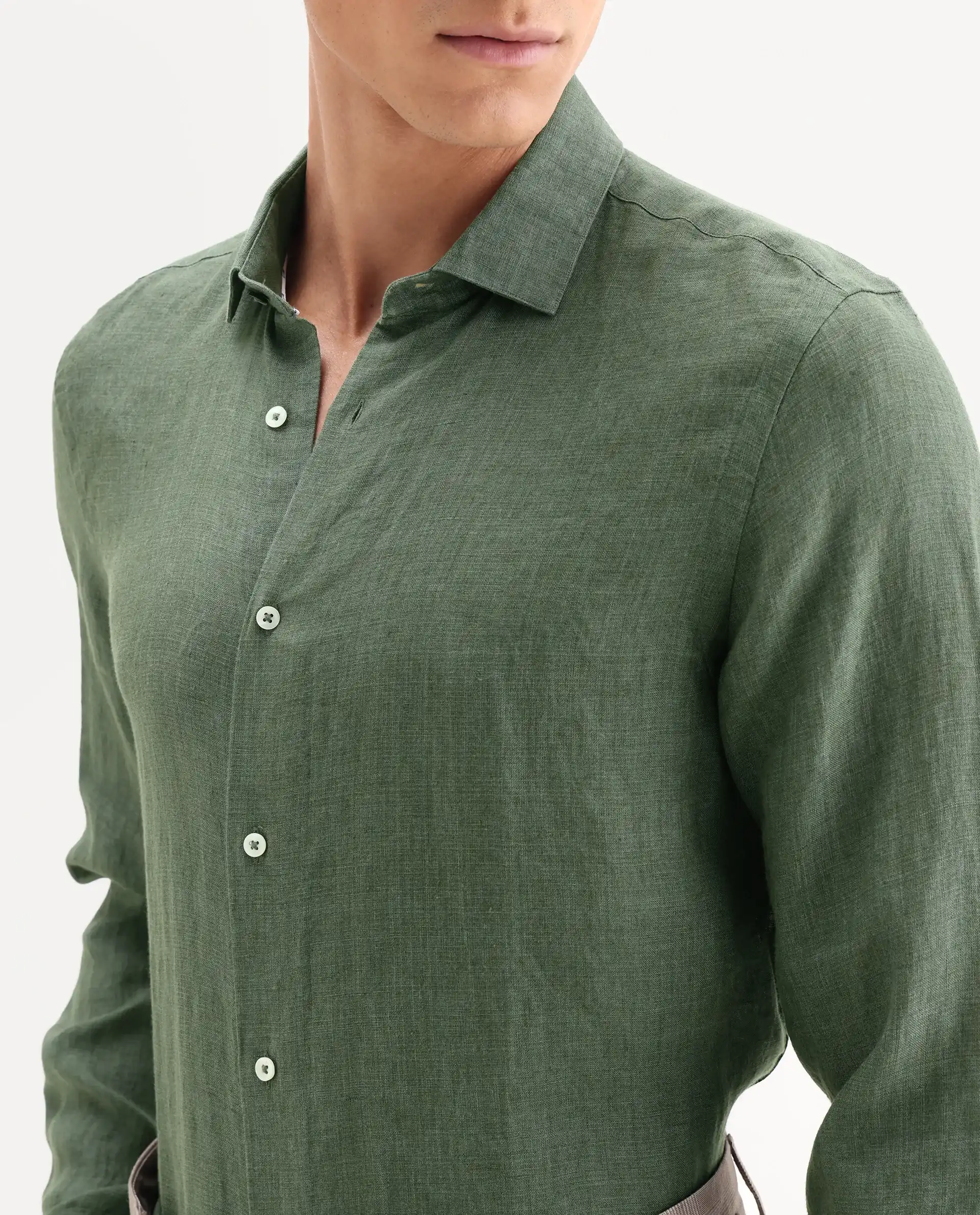 Rare Rabbit Men's Borium-25 Dark Green 100% Linen Fabric Spread Collar Regular Fit Plain Shirt - Image 3