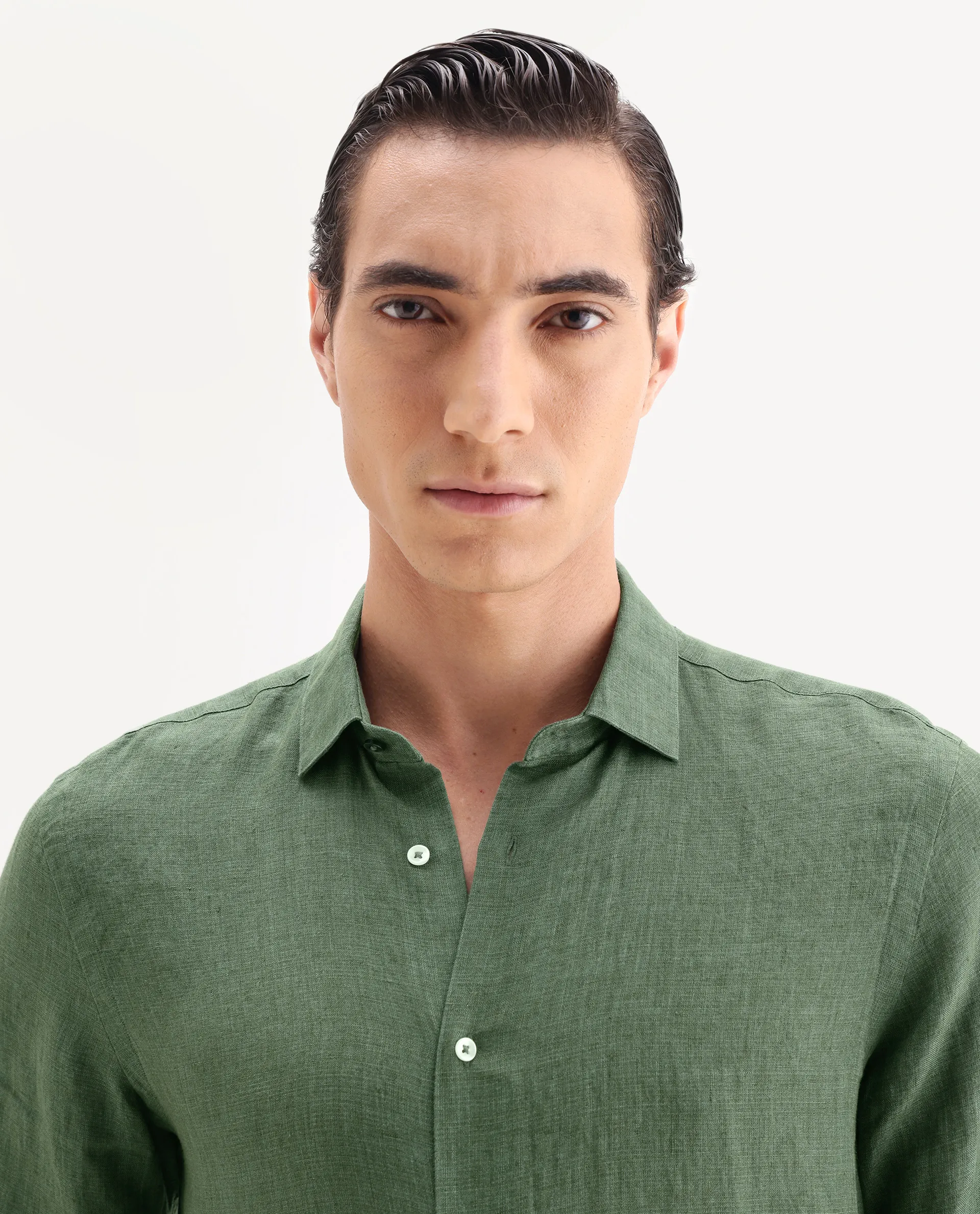 Rare Rabbit Men's Borium-25 Dark Green 100% Linen Fabric Spread Collar Regular Fit Plain Shirt - Image 4