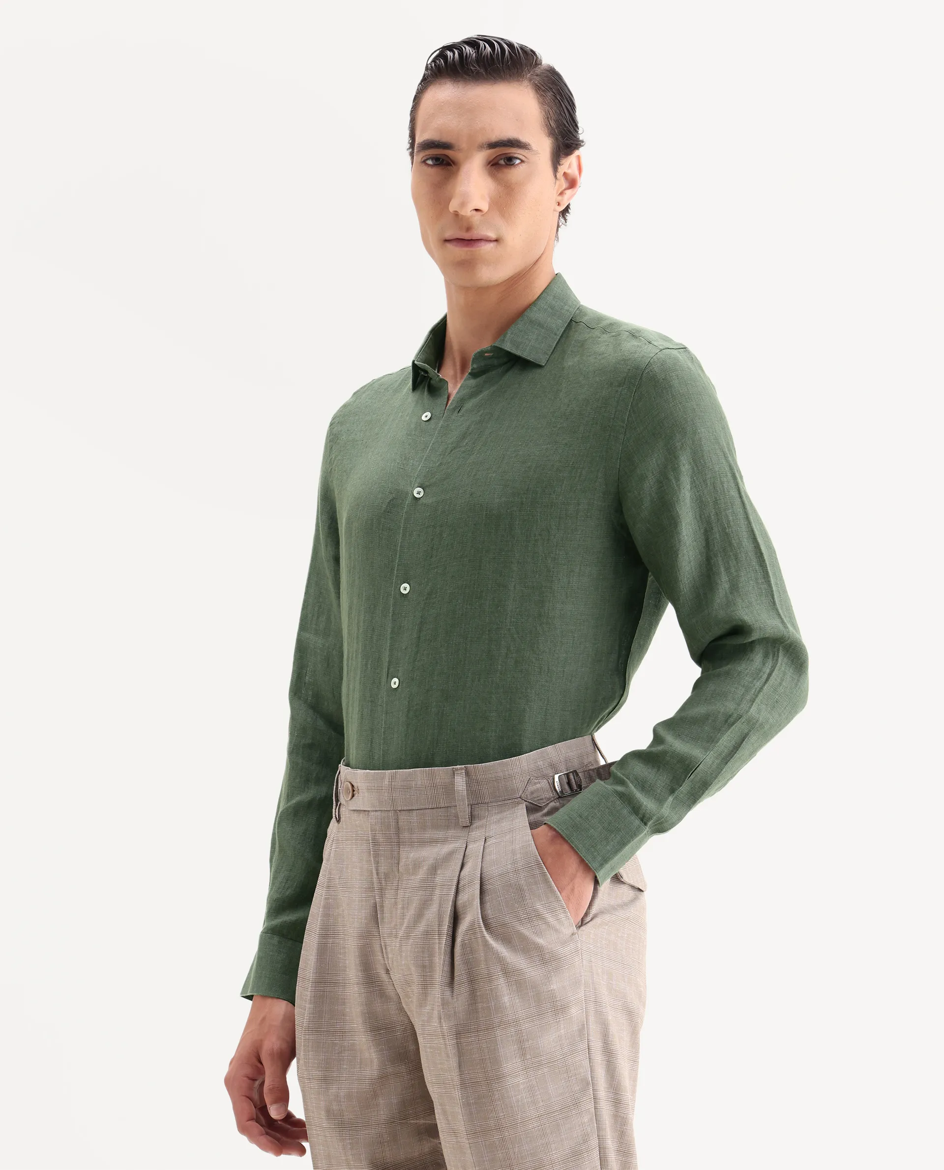 Rare Rabbit Men's Borium-25 Dark Green 100% Linen Fabric Spread Collar Regular Fit Plain Shirt - Image 5