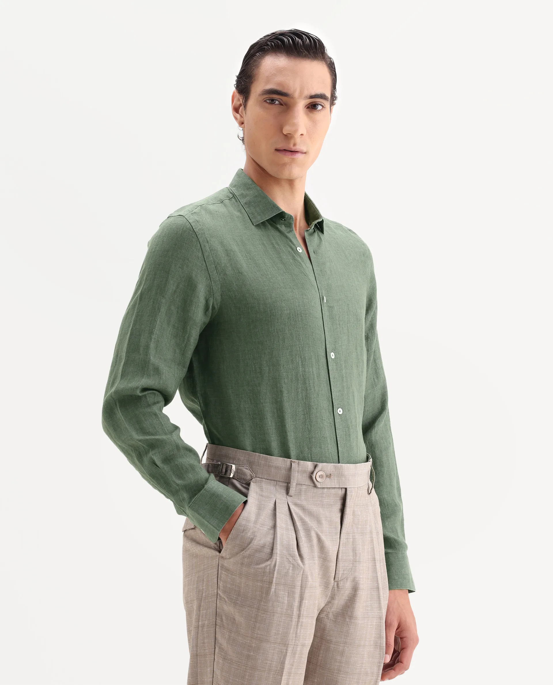 Rare Rabbit Men's Borium-25 Dark Green 100% Linen Fabric Spread Collar Regular Fit Plain Shirt - Image 6