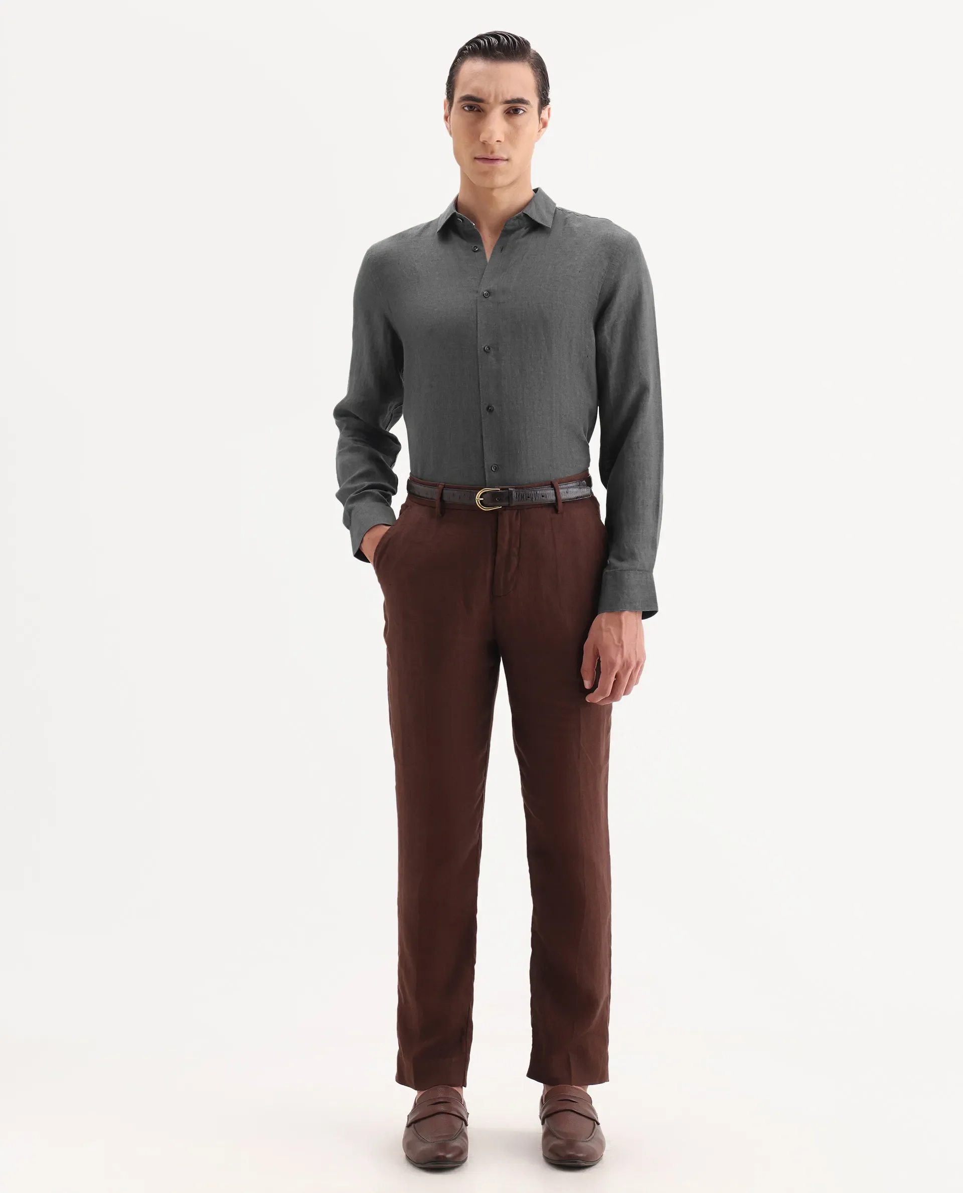 Rare Rabbit Men's Borium-25 Grey 100% Linen Fabric Spread Collar Regular Fit Plain Shirt - Image 2