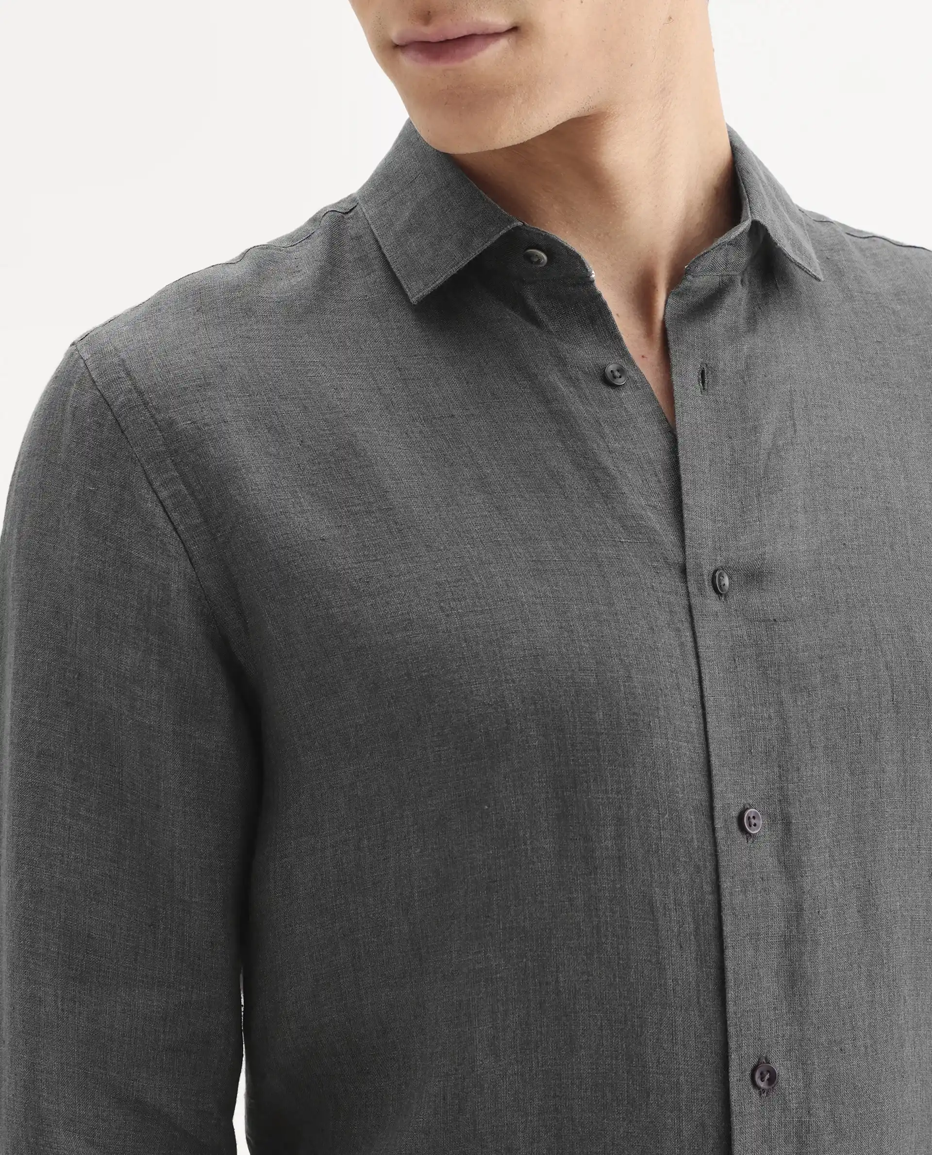 Rare Rabbit Men's Borium-25 Grey 100% Linen Fabric Spread Collar Regular Fit Plain Shirt - Image 3