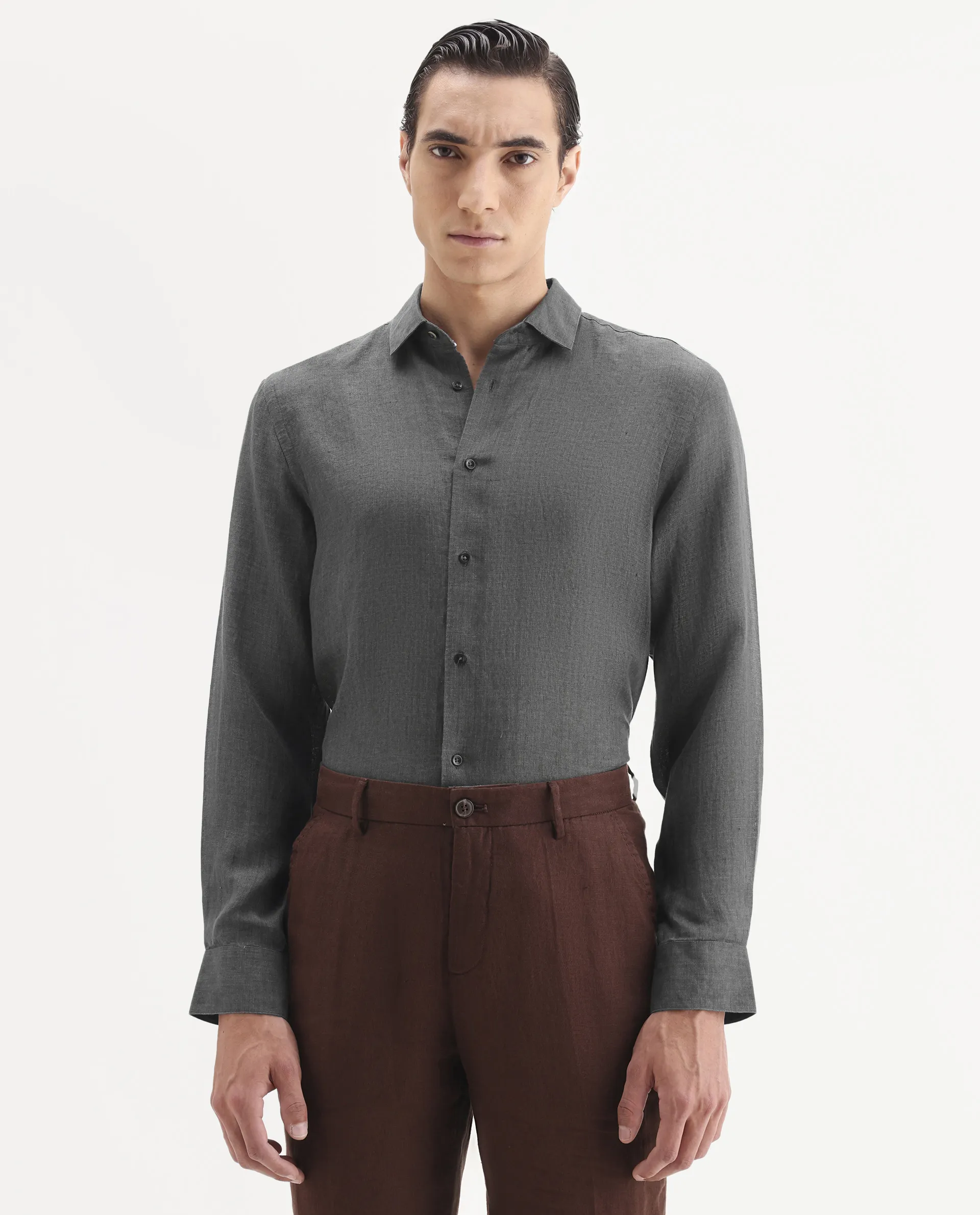 Rare Rabbit Men's Borium-25 Grey 100% Linen Fabric Spread Collar Regular Fit Plain Shirt - Image 4