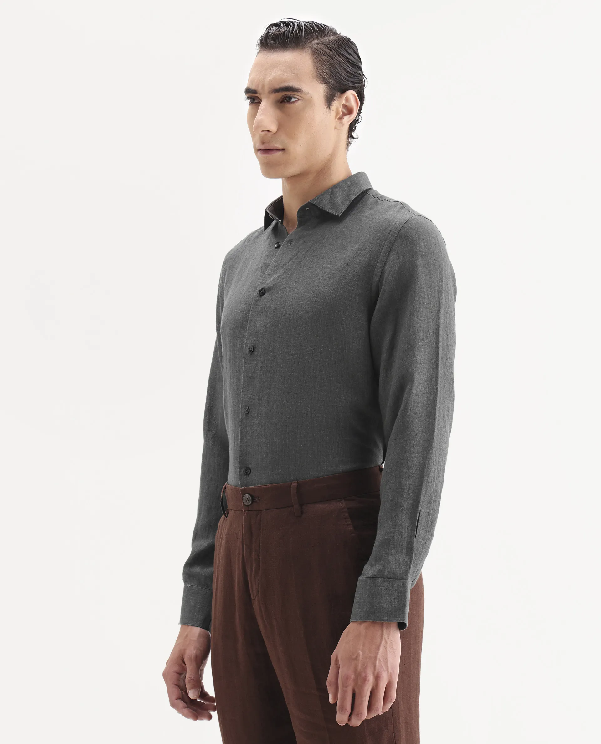 Rare Rabbit Men's Borium-25 Grey 100% Linen Fabric Spread Collar Regular Fit Plain Shirt - Image 5