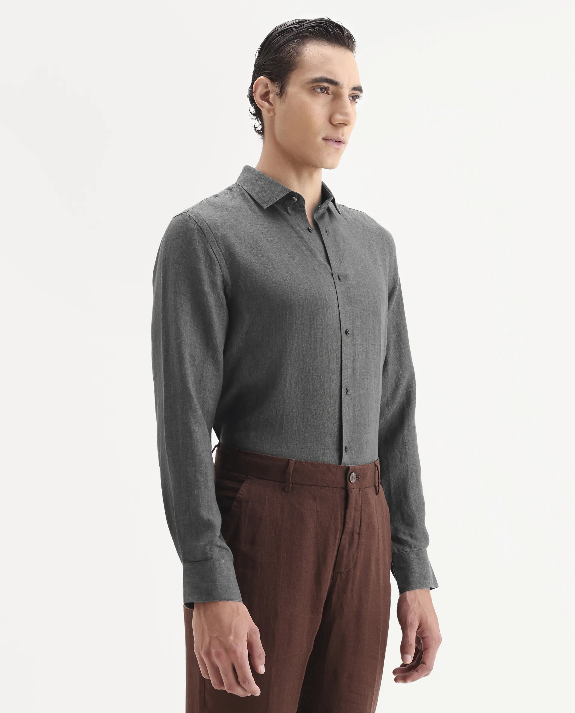 Rare Rabbit Men's Borium-25 Grey 100% Linen Fabric Spread Collar Regular Fit Plain Shirt - Image 6