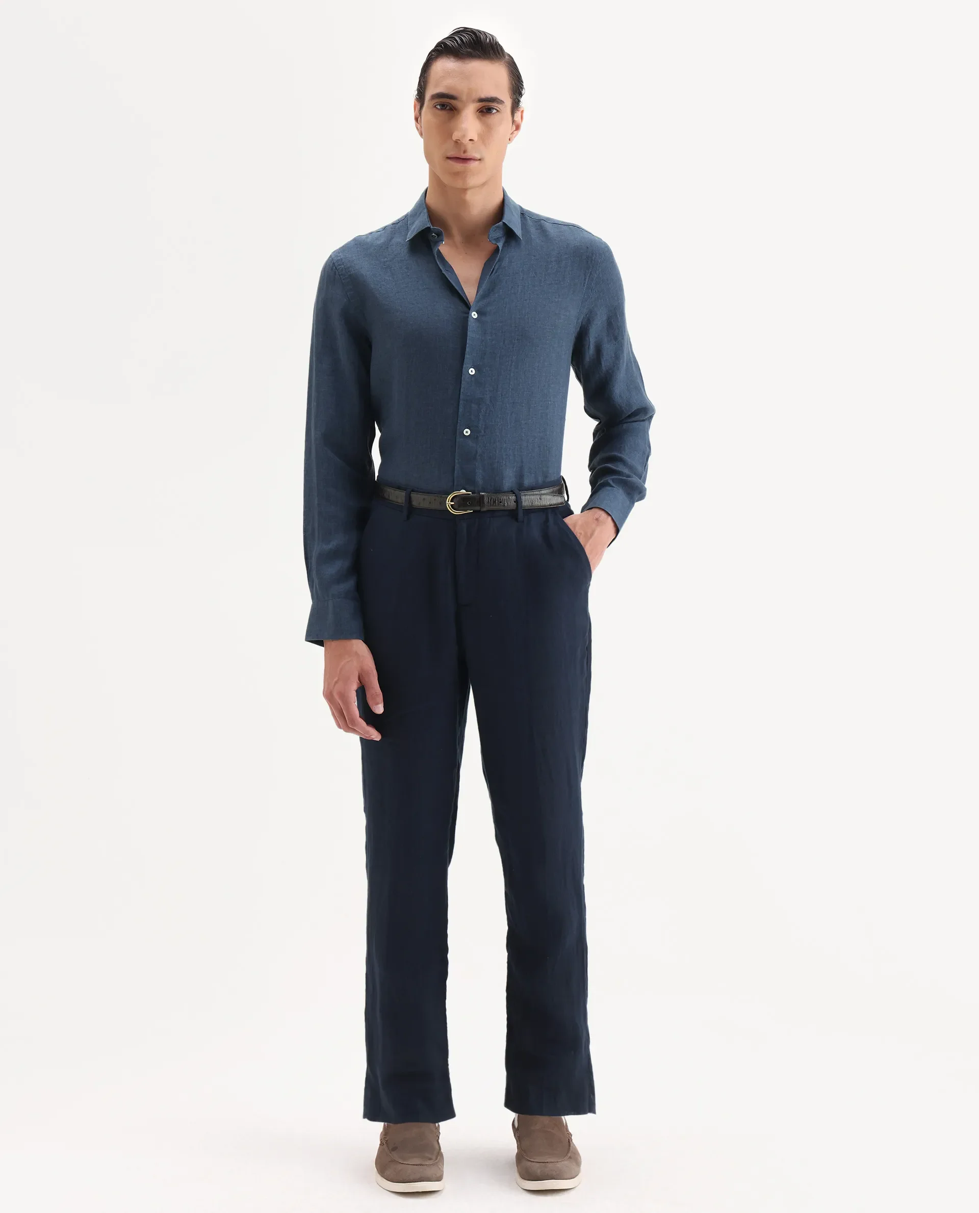 Rare Rabbit Men's Borium-25 Navy 100% Linen Fabric Spread Collar Regular Fit Plain Shirt - Image 2