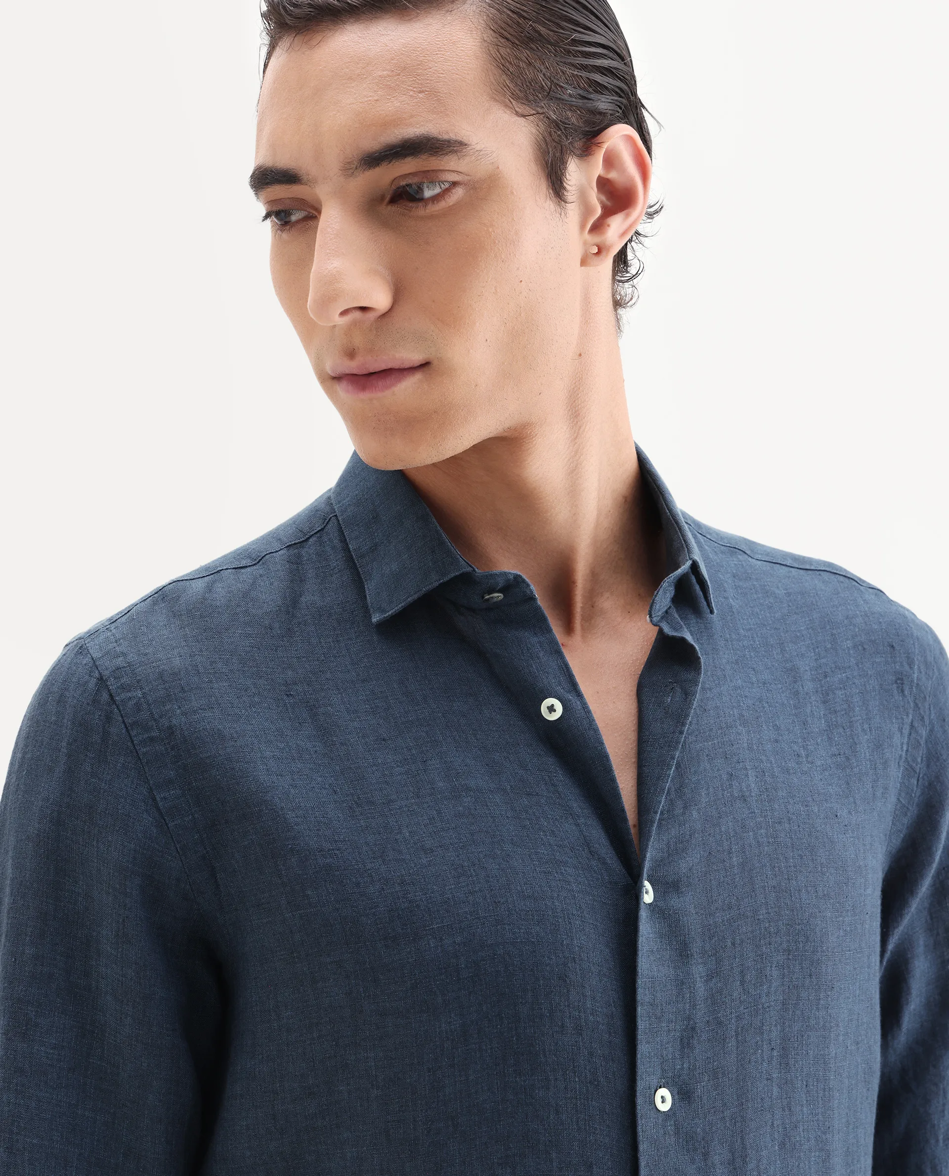 Rare Rabbit Men's Borium-25 Navy 100% Linen Fabric Spread Collar Regular Fit Plain Shirt - Image 3