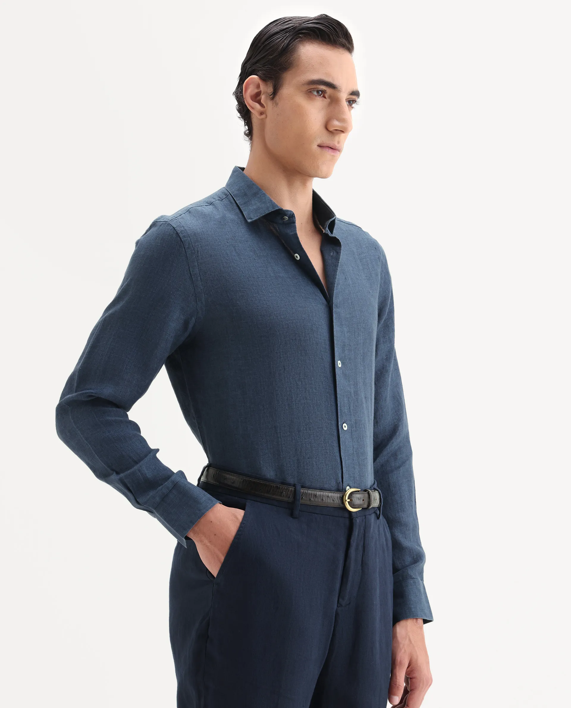 Rare Rabbit Men's Borium-25 Navy 100% Linen Fabric Spread Collar Regular Fit Plain Shirt - Image 4