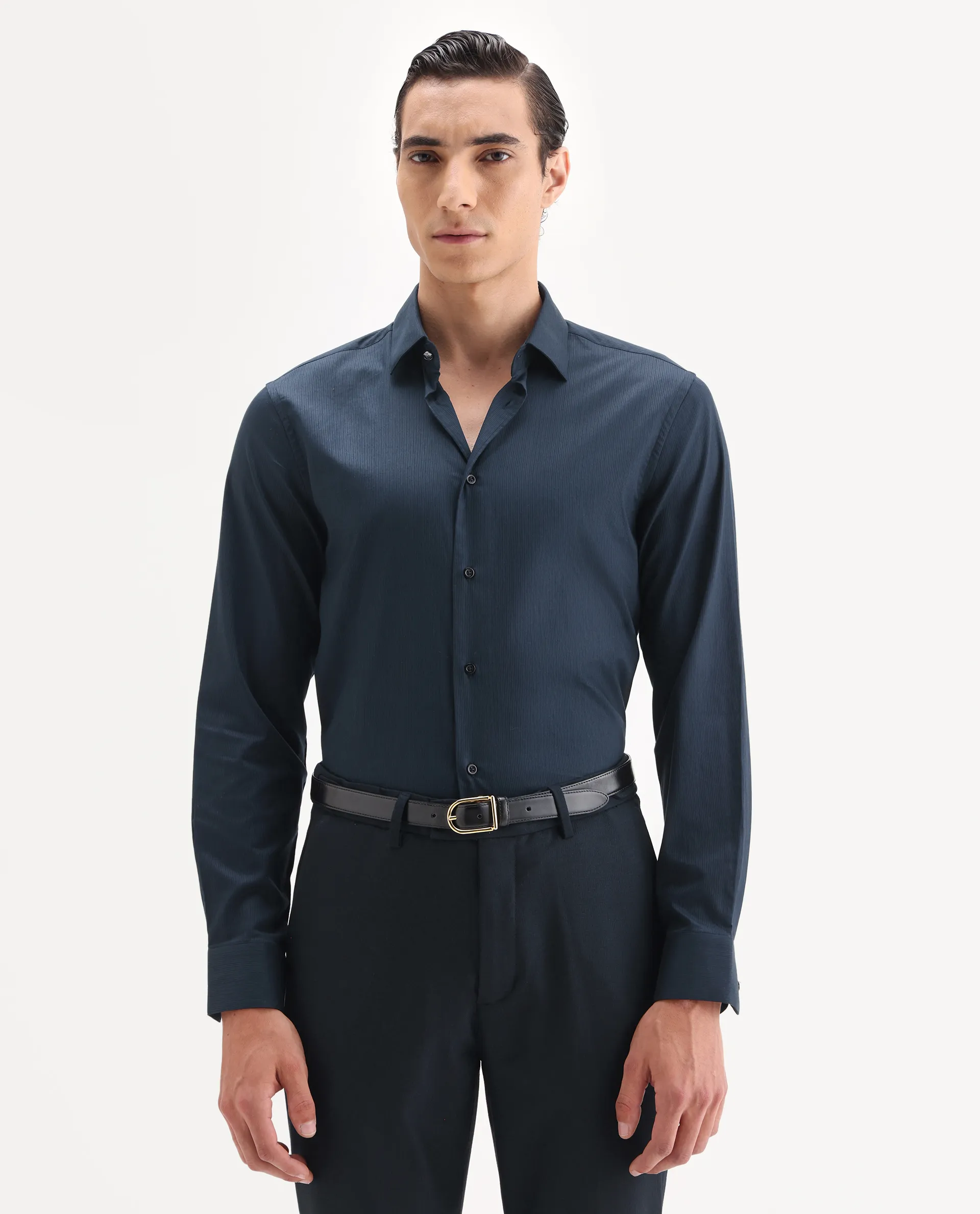 Rare Rabbit Men's Borium-25 Navy 100% Linen Fabric Spread Collar Regular Fit Plain Shirt - Image 5