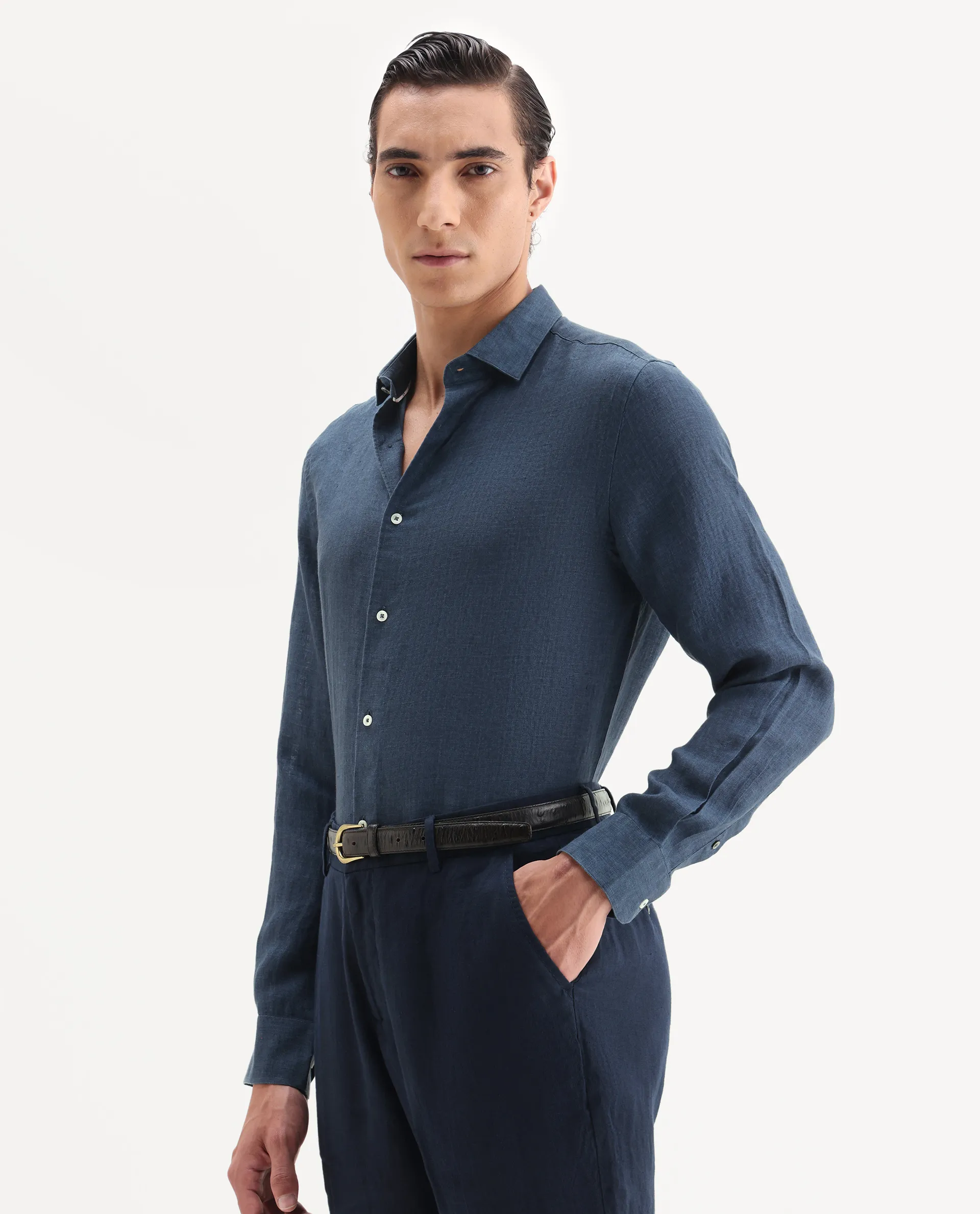 Rare Rabbit Men's Borium-25 Navy 100% Linen Fabric Spread Collar Regular Fit Plain Shirt - Image 6