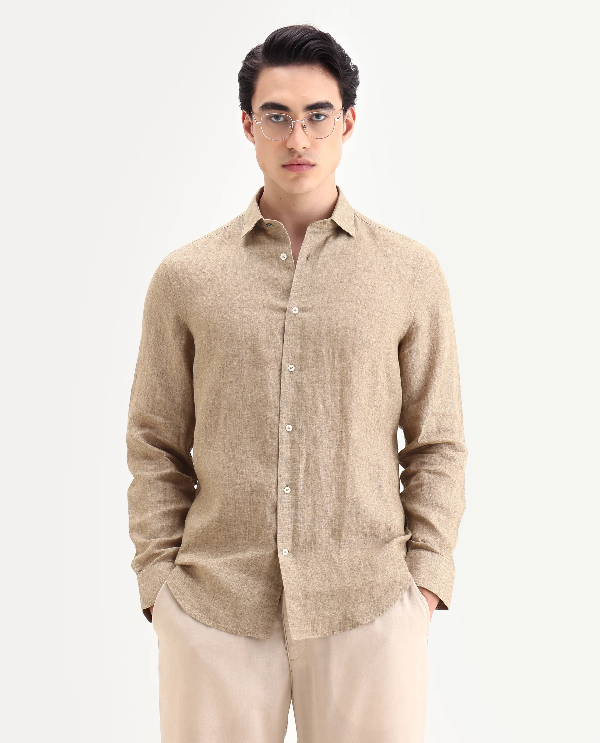 Rare Rabbit Men's Borium-25 Pastel Green 100% Linen Fabric Spread Collar Regular Fit Plain Shirt