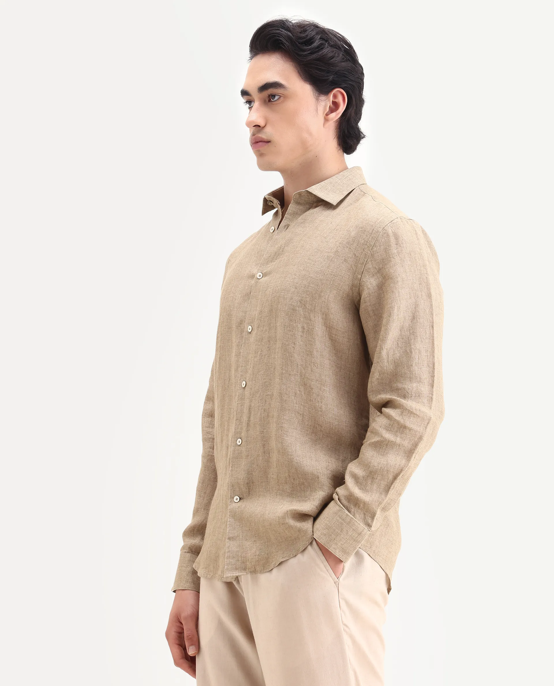 Rare Rabbit Men's Borium-25 Pastel Green 100% Linen Fabric Spread Collar Regular Fit Plain Shirt - Image 4