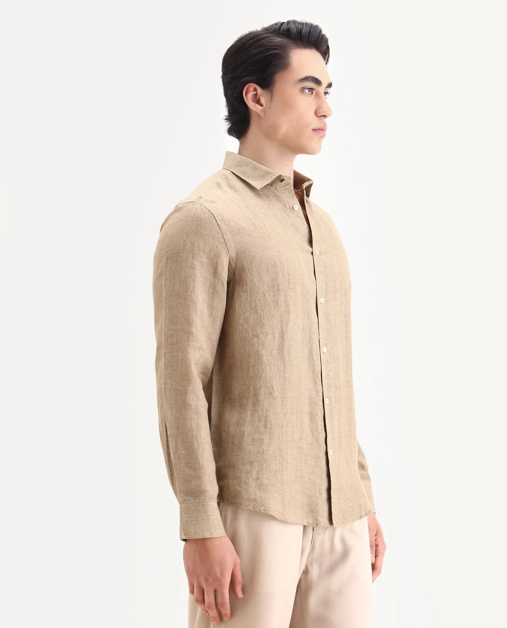 Rare Rabbit Men's Borium-25 Pastel Green 100% Linen Fabric Spread Collar Regular Fit Plain Shirt - Image 5