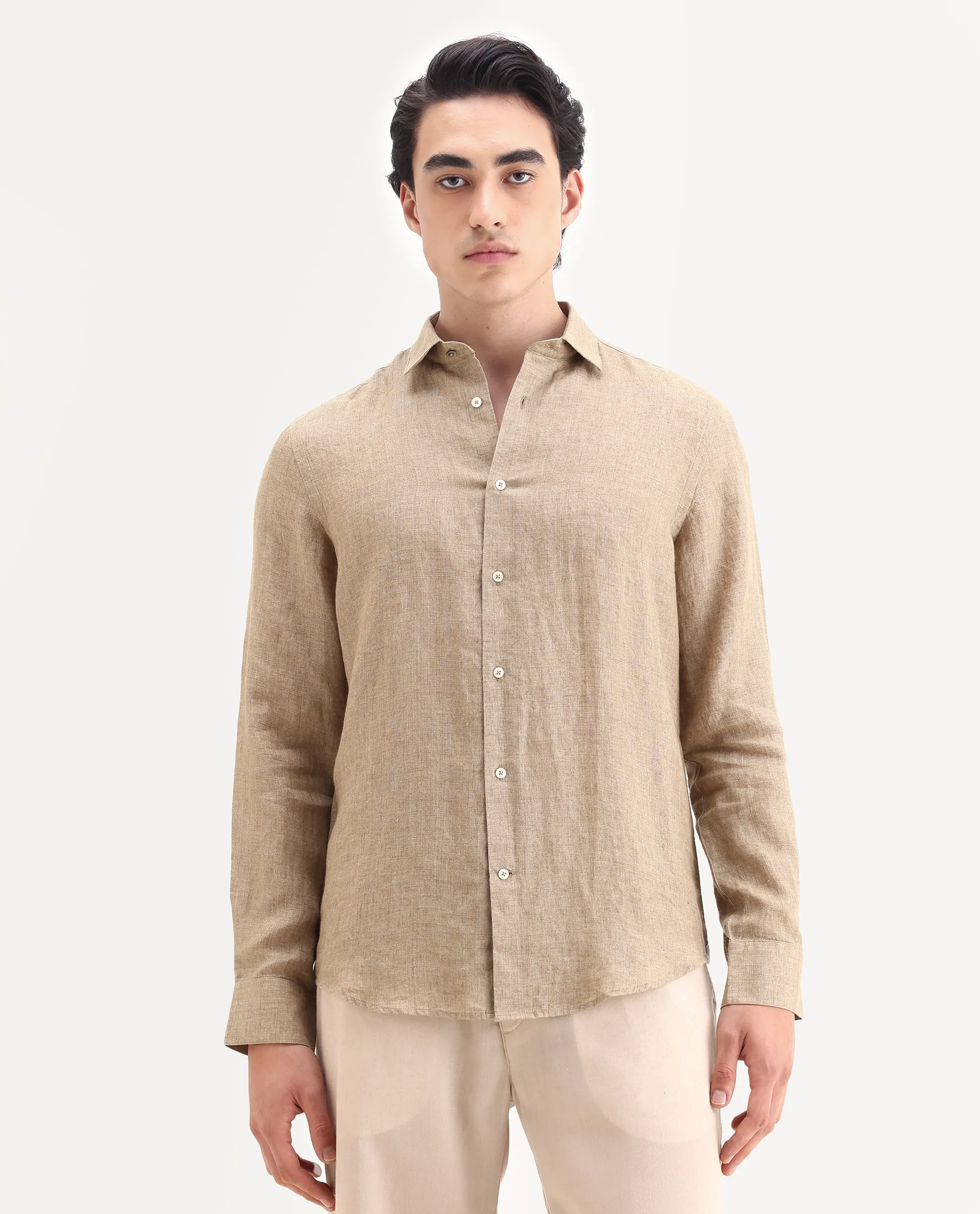Rare Rabbit Men's Borium-25 Pastel Green 100% Linen Fabric Spread Collar Regular Fit Plain Shirt - Image 6