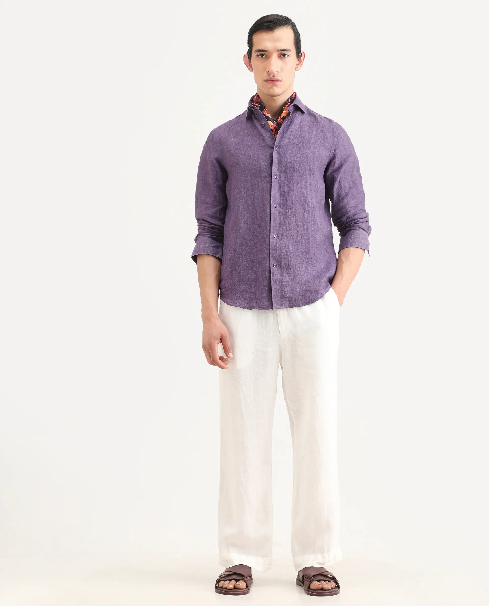 Rare Rabbit Men's Borium-25 Purple 100% Linen Fabric Spread Collar Regular Fit Plain Shirt - Image 2