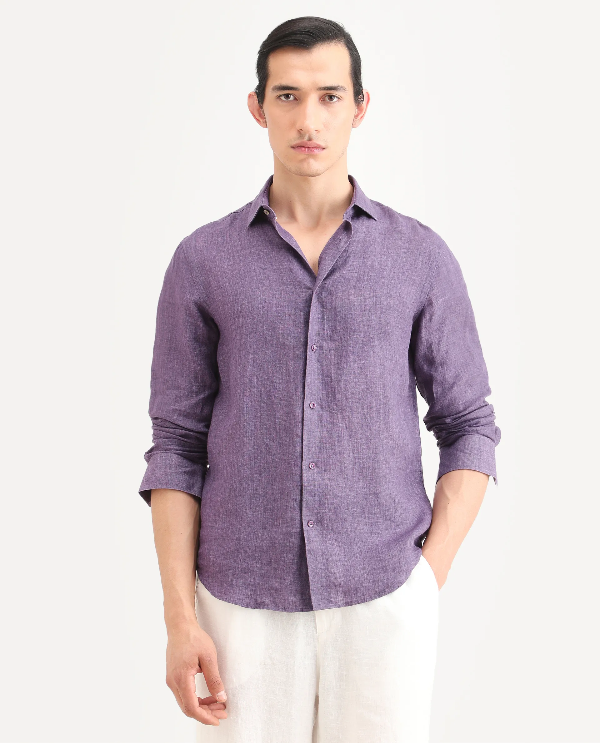 Rare Rabbit Men's Borium-25 Purple 100% Linen Fabric Spread Collar Regular Fit Plain Shirt - Image 3