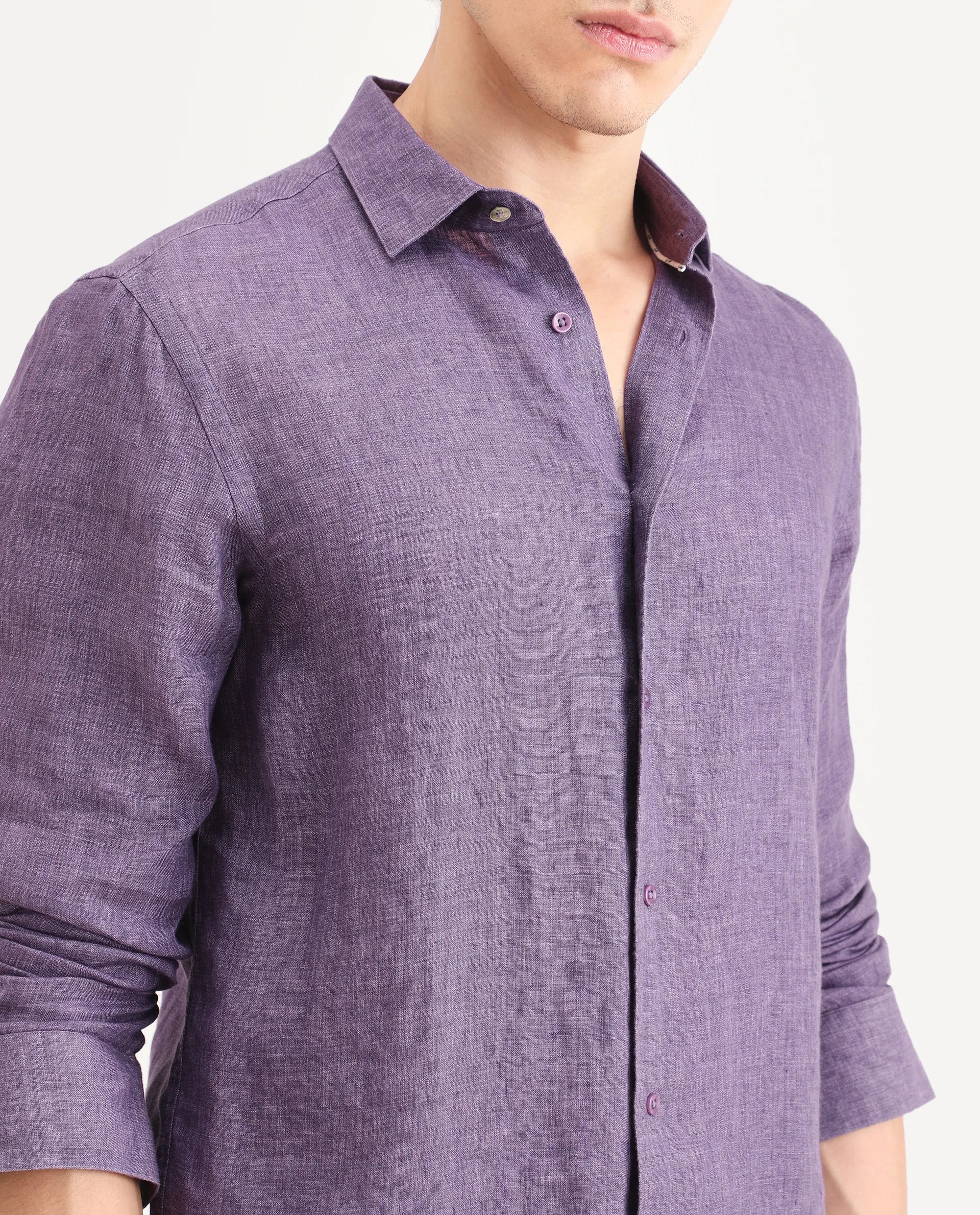 Rare Rabbit Men's Borium-25 Purple 100% Linen Fabric Spread Collar Regular Fit Plain Shirt - Image 4