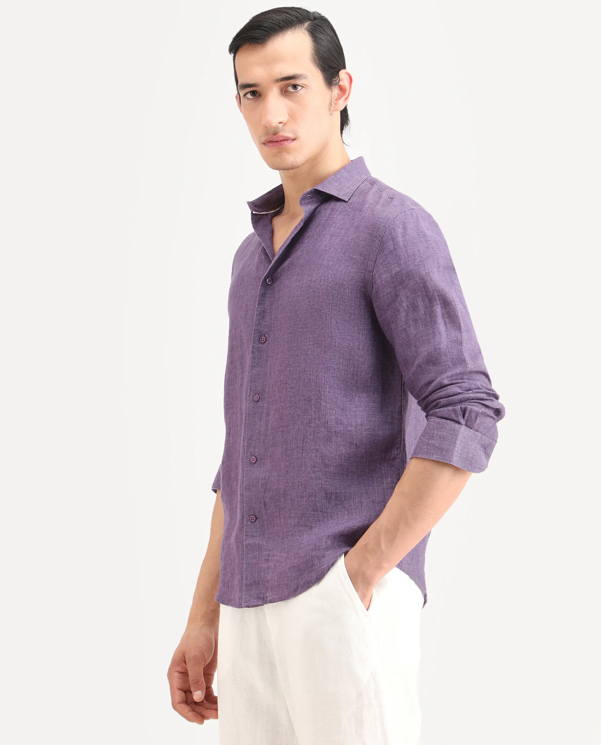 Rare Rabbit Men's Borium-25 Purple 100% Linen Fabric Spread Collar Regular Fit Plain Shirt - Image 5