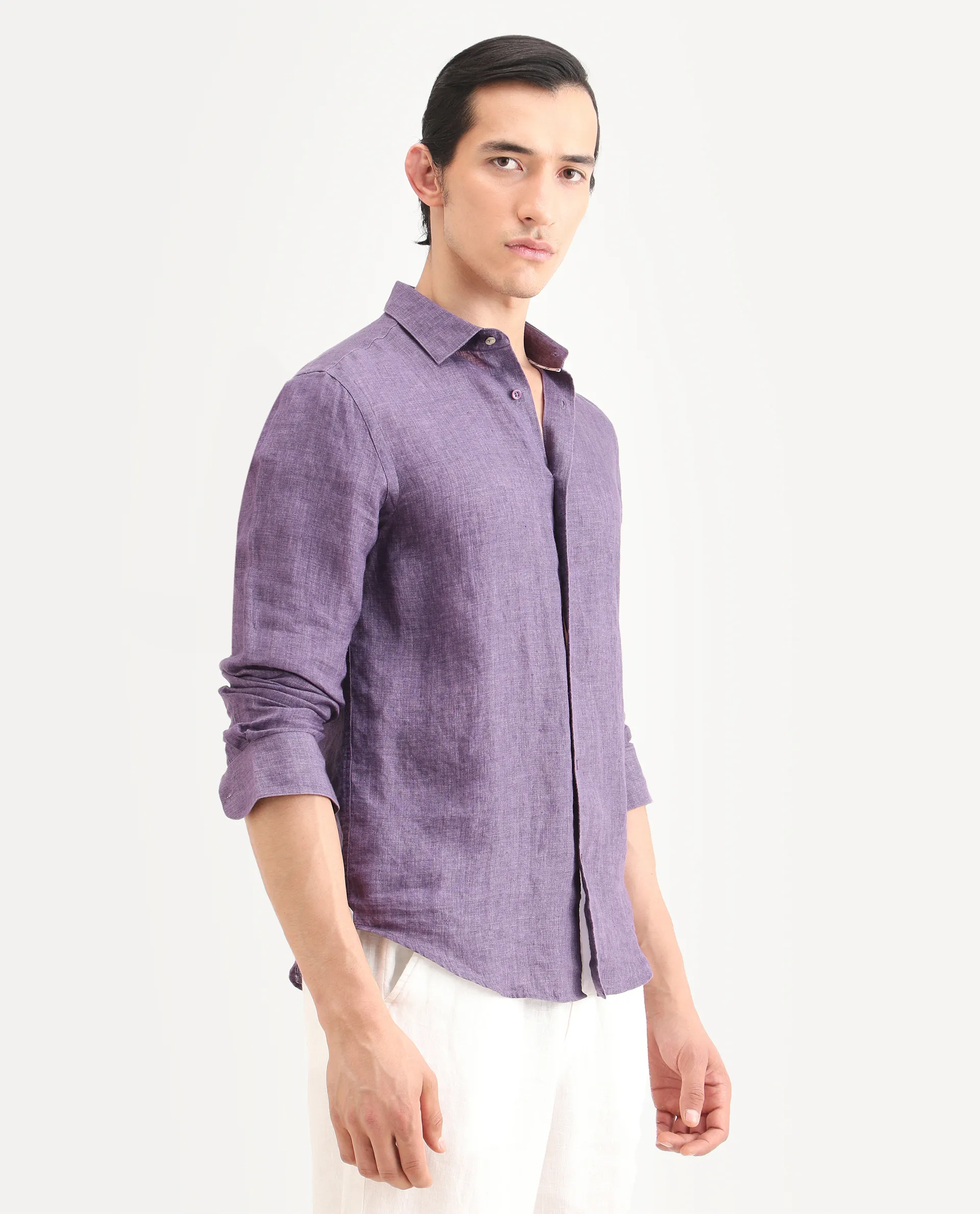 Rare Rabbit Men's Borium-25 Purple 100% Linen Fabric Spread Collar Regular Fit Plain Shirt - Image 6