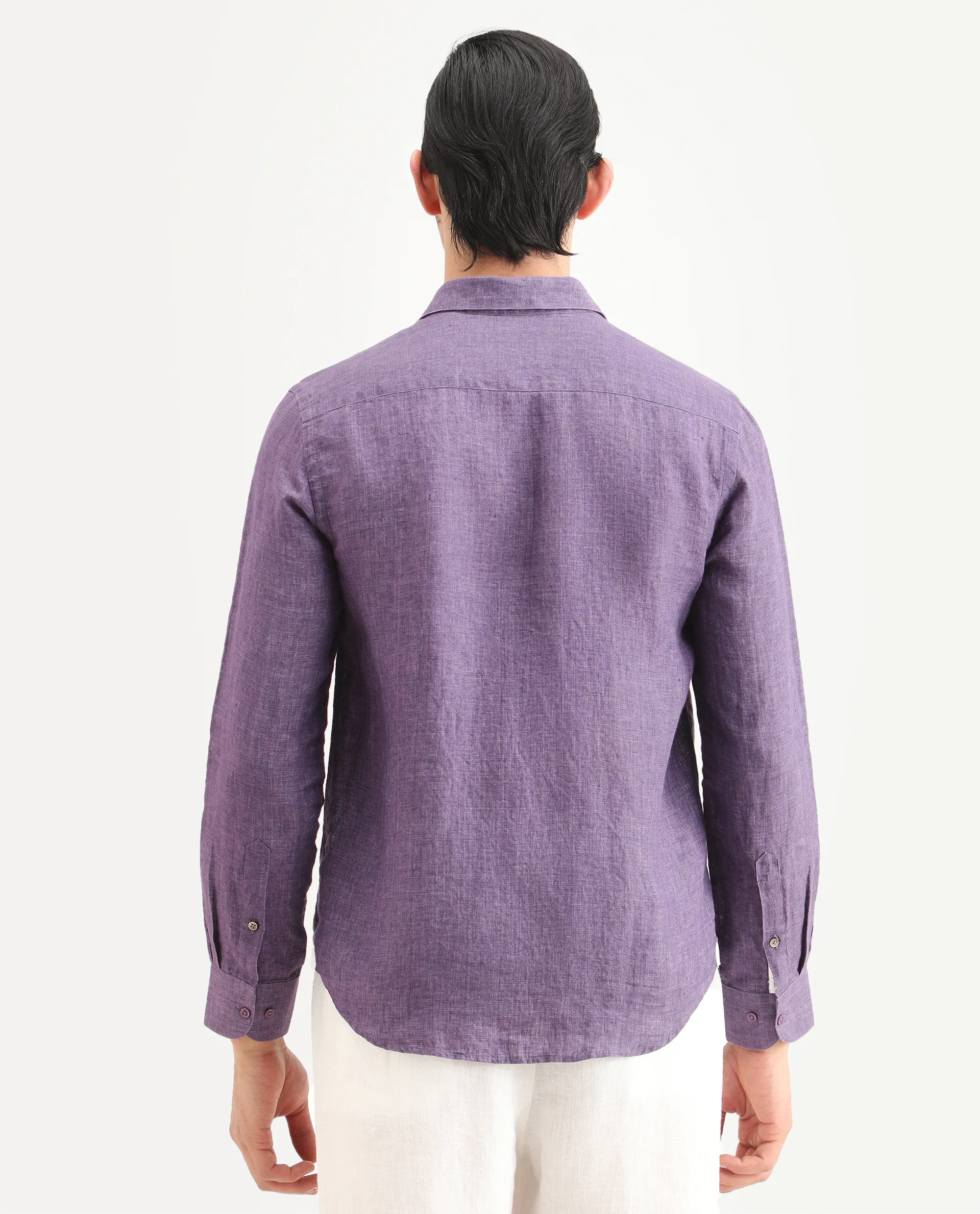 Rare Rabbit Men's Borium-25 Purple 100% Linen Fabric Spread Collar Regular Fit Plain Shirt - Image 7
