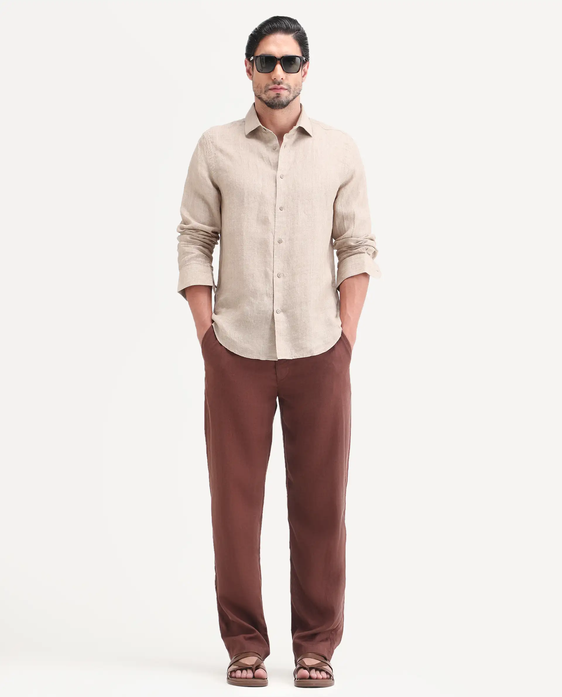 Rare Rabbit Men's Borium-26 Beige 100% Linen Full Sleeve Spread Collar Regular Fit Plain Shirt - Image 2