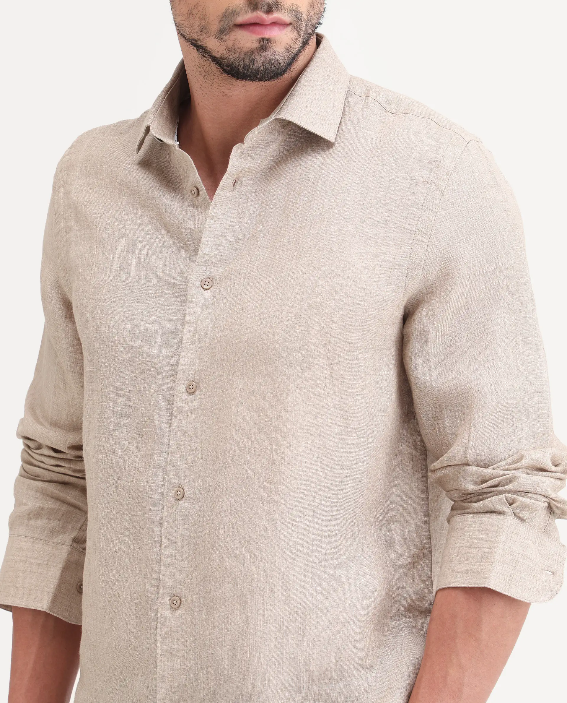 Rare Rabbit Men's Borium-26 Beige 100% Linen Full Sleeve Spread Collar Regular Fit Plain Shirt - Image 3