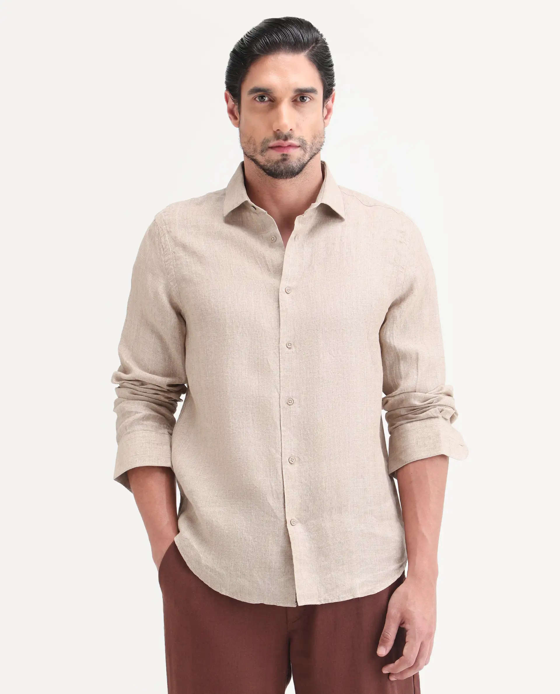 Rare Rabbit Men's Borium-26 Beige 100% Linen Full Sleeve Spread Collar Regular Fit Plain Shirt - Image 4