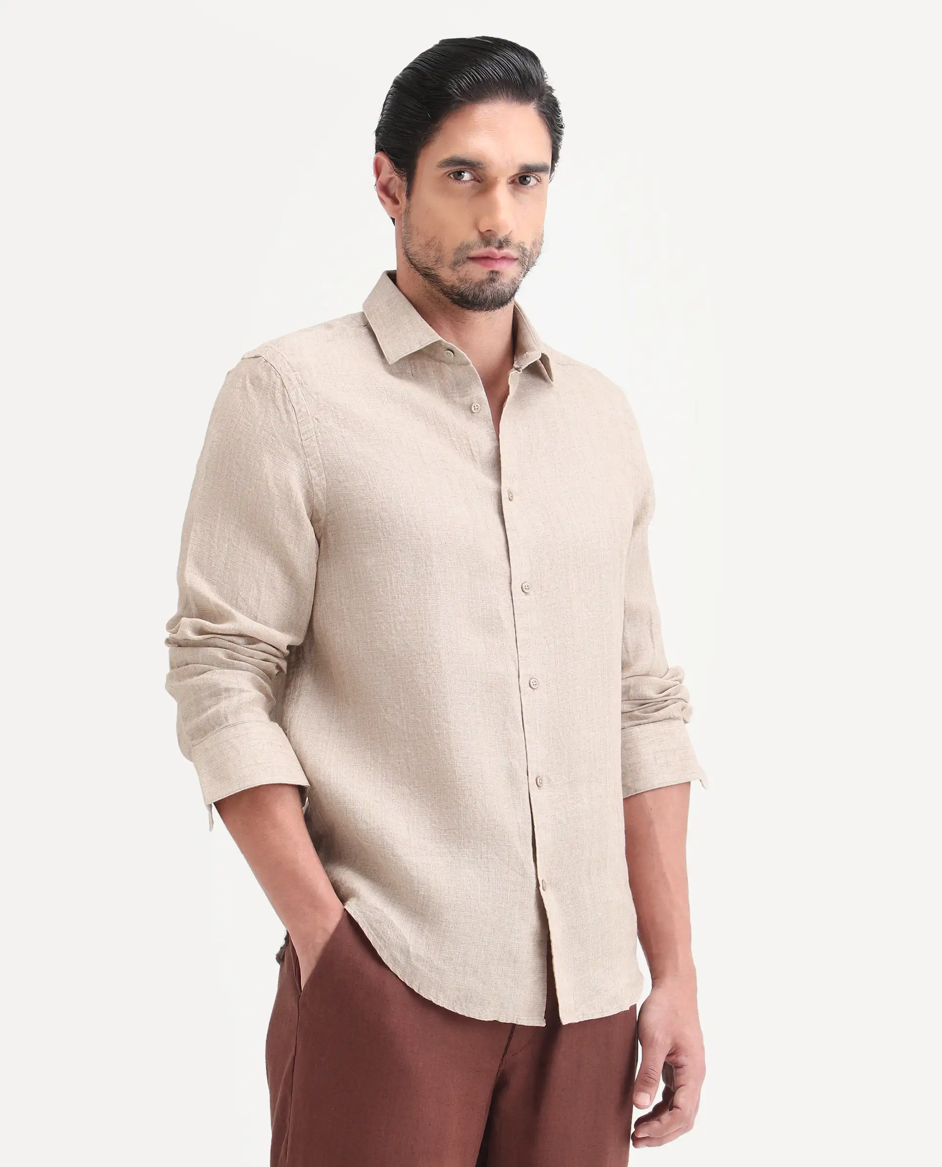 Rare Rabbit Men's Borium-26 Beige 100% Linen Full Sleeve Spread Collar Regular Fit Plain Shirt - Image 5