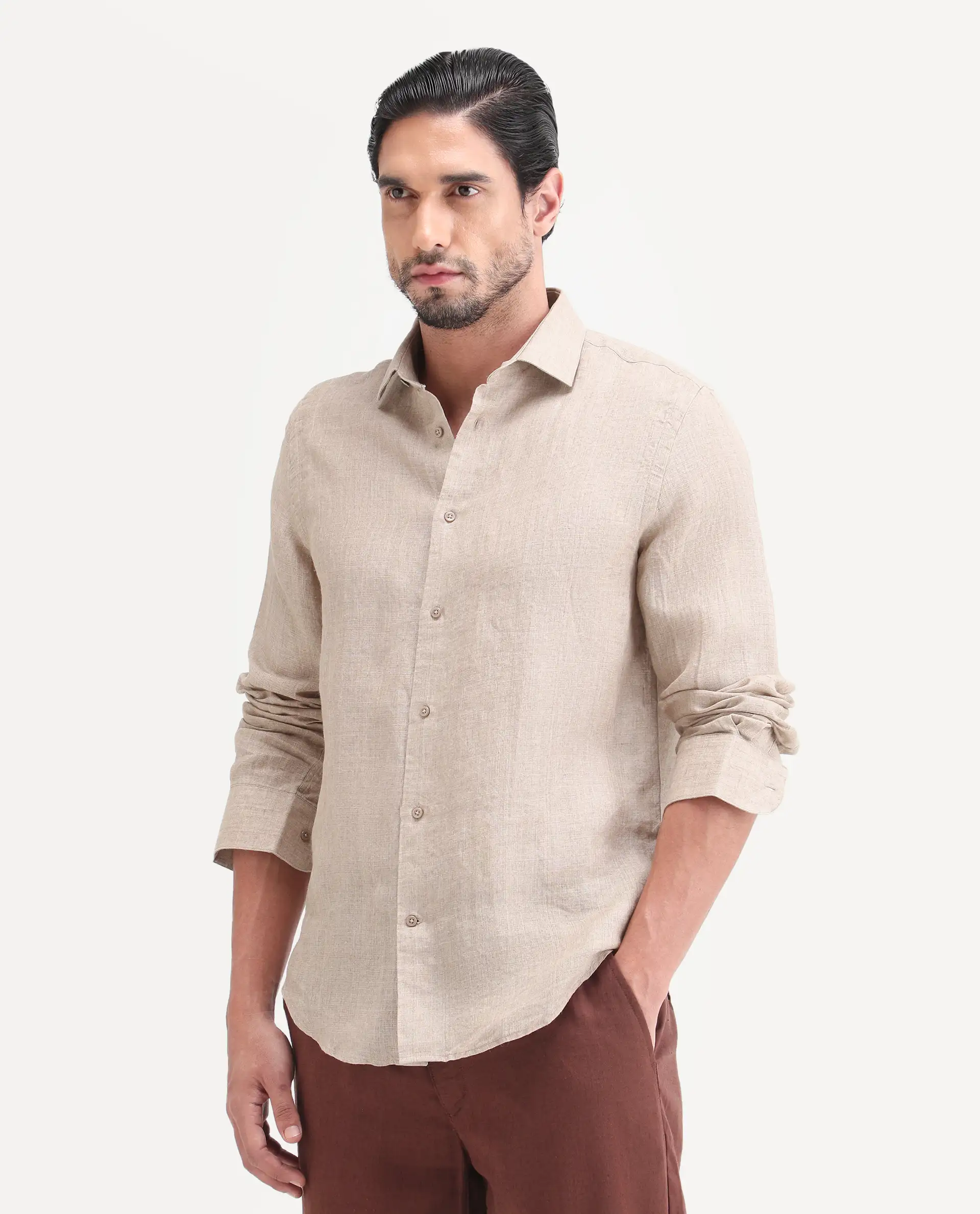 Rare Rabbit Men's Borium-26 Beige 100% Linen Full Sleeve Spread Collar Regular Fit Plain Shirt - Image 6