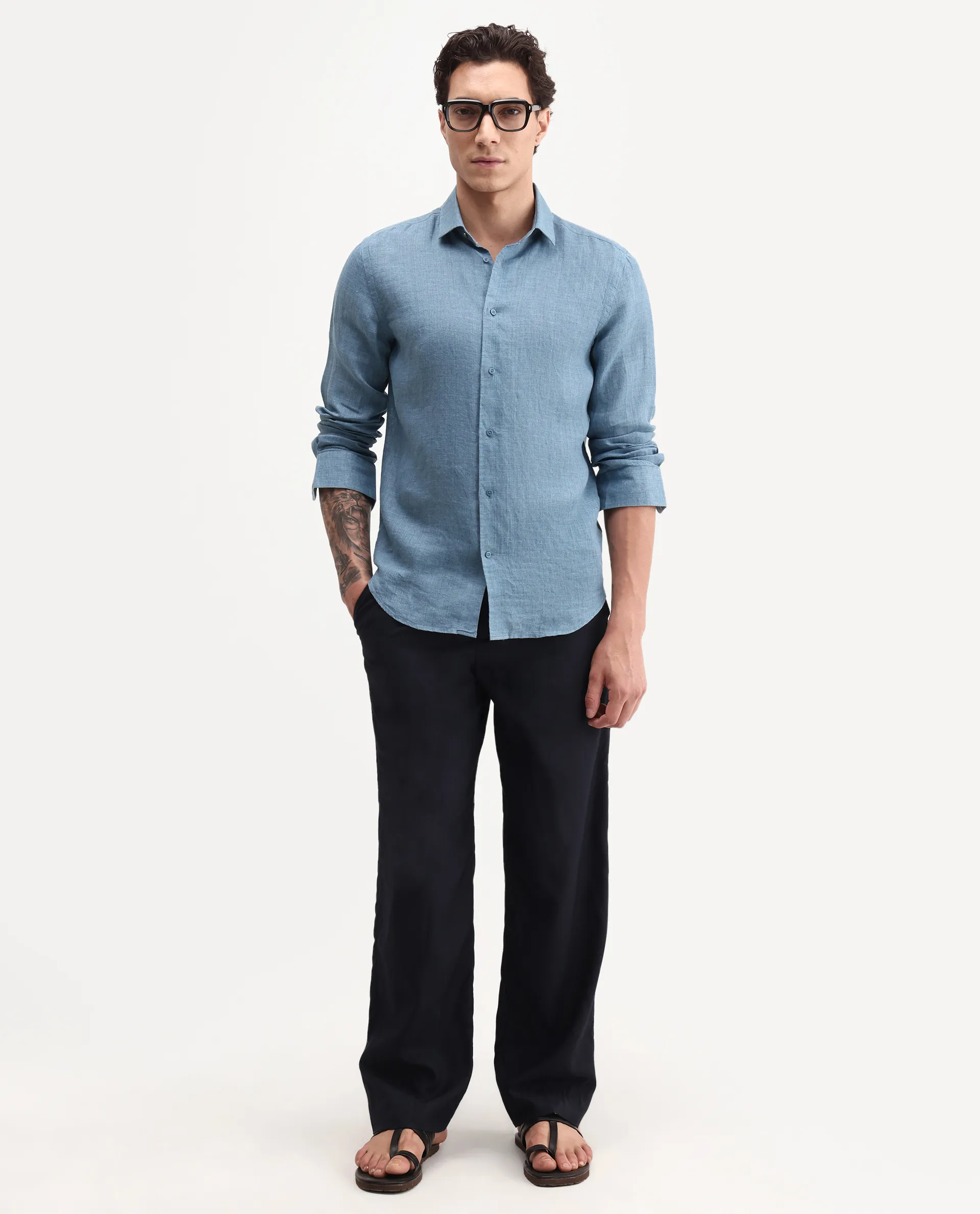 Rare Rabbit Men's Borium-26 Blue 100% Linen Full Sleeve Spread Collar Regular Fit Plain Shirt - Image 2