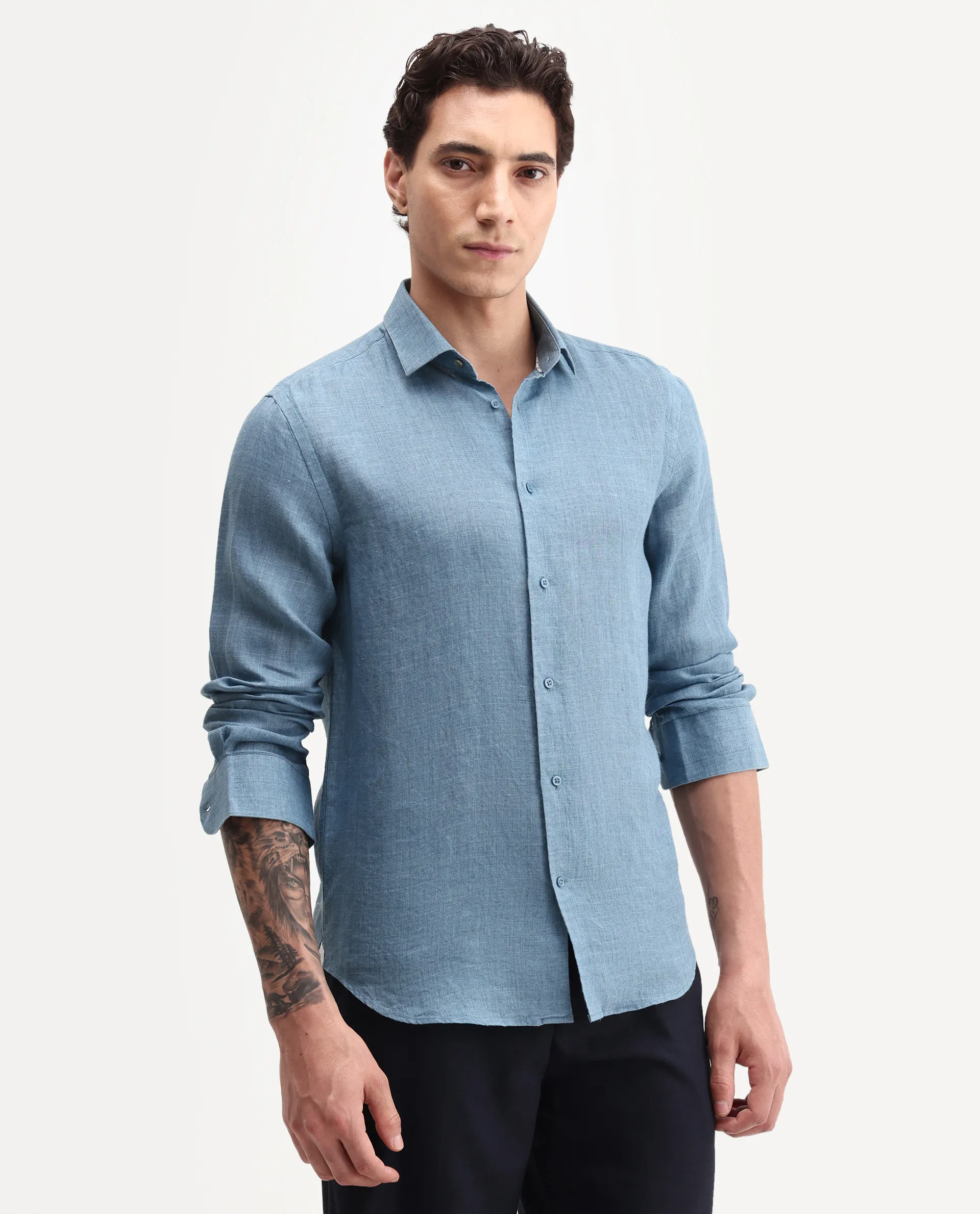 Rare Rabbit Men's Borium-26 Blue 100% Linen Full Sleeve Spread Collar Regular Fit Plain Shirt - Image 3