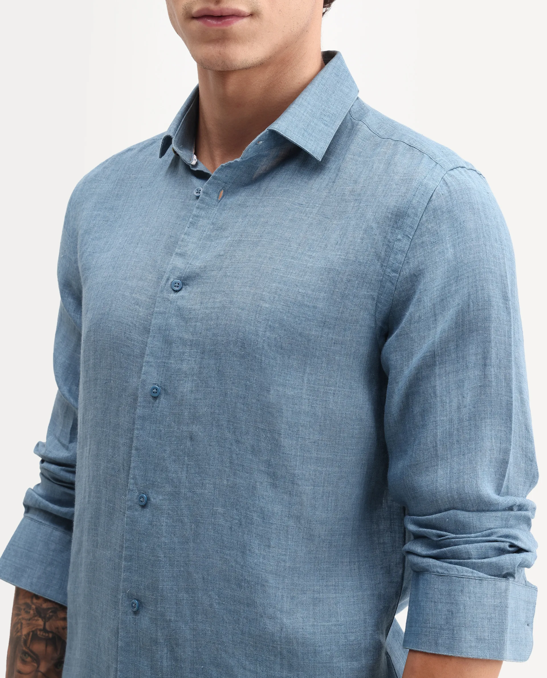 Rare Rabbit Men's Borium-26 Blue 100% Linen Full Sleeve Spread Collar Regular Fit Plain Shirt - Image 4